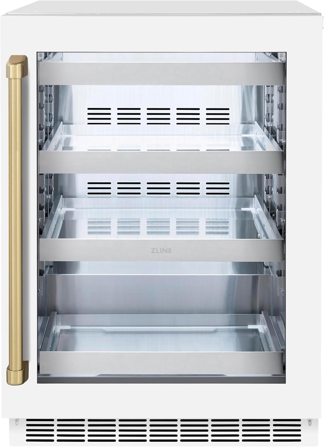 ZLINE Autograph Edition 24 in. Touchstone 151 Can Beverage Fridge With White Matte Glass Door And Champagne Bronze Handle (RBSOZ-WM-24-CB)