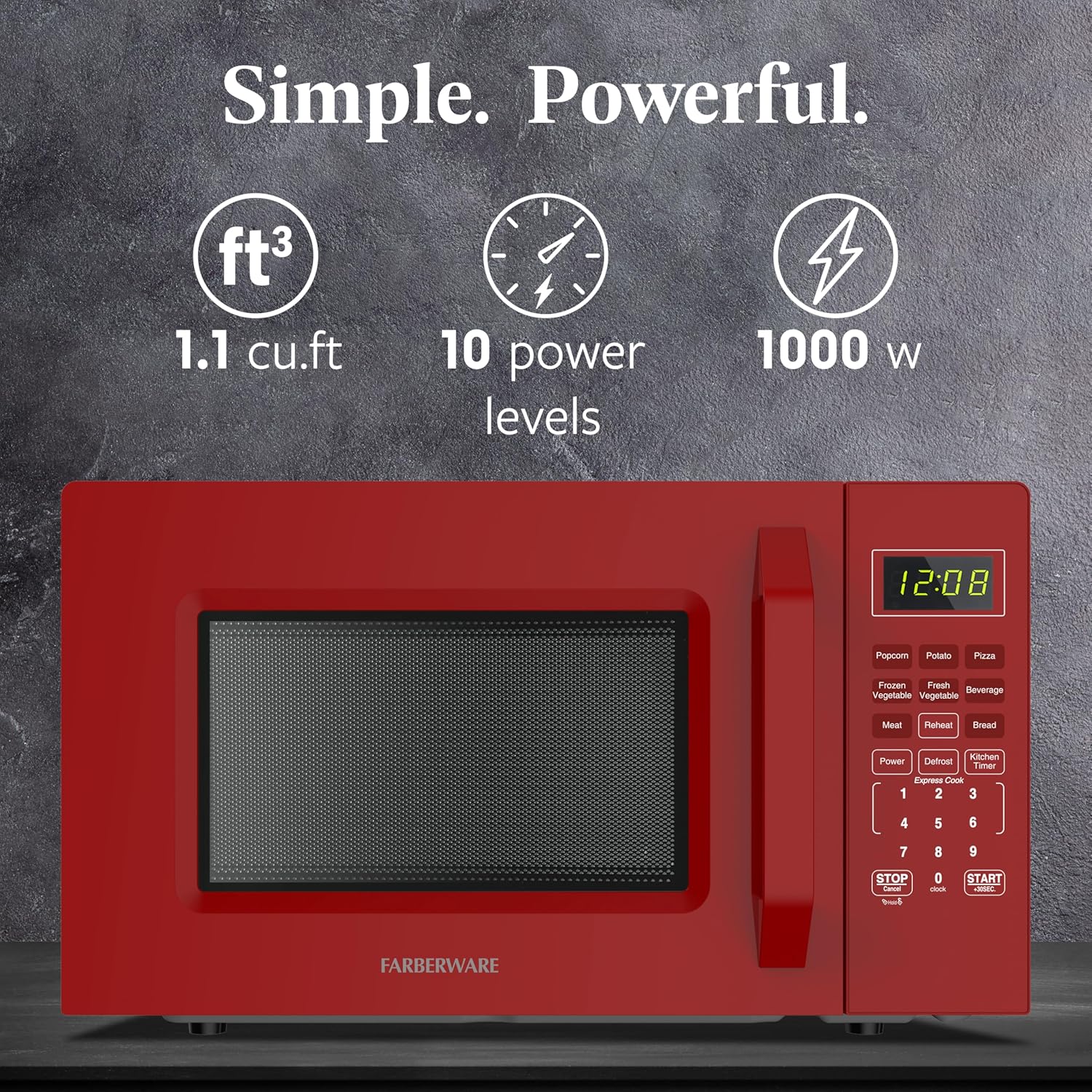 Farberware FMO11WEIRD 1.1 Cu. Ft. 1000-Watt Compact Microwave Oven, Red – Stylish Countertop Microwave with Child-Lock, Reheat Function, Express Cook, and Kitchen Timer
