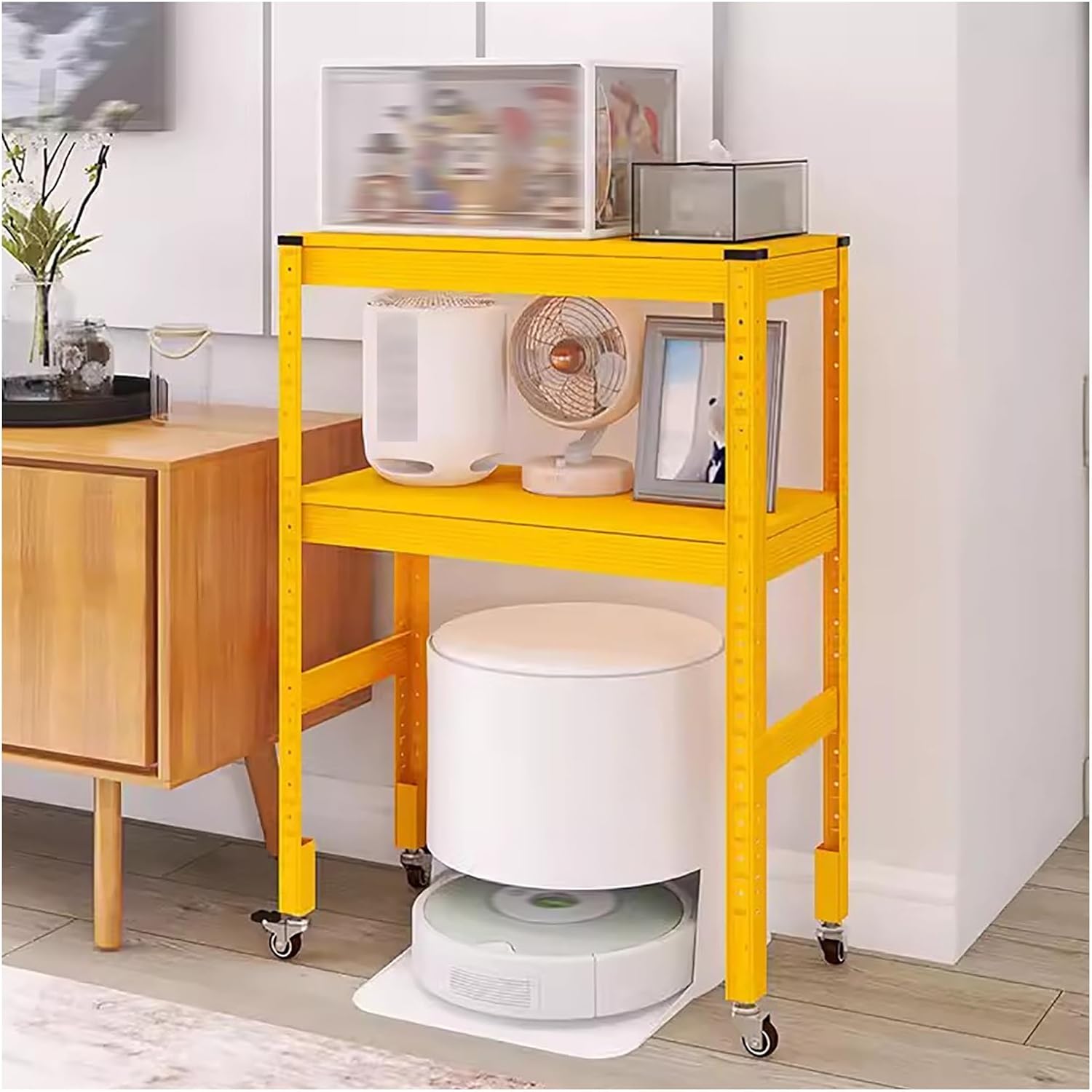 Generic Multi-layer Storage Rack, Sweeping And Mopping Robot Storage Rack, 33.5In High Movable Bottom Storage Rack, Home Living Room Trolley Decorative Storage Rack(Yellow)