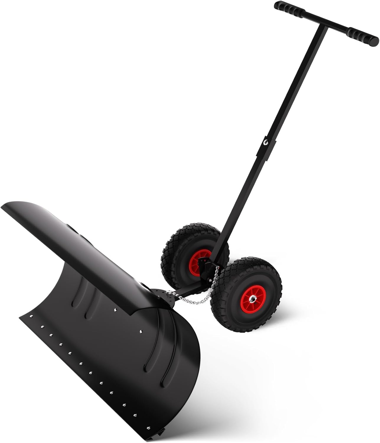 Snow Shovel with Wheels, Galvanized Blade Heavy Duty 2-Wheel Push Snow Plow, Single Bar with Adjustable Blade & Height, Back-Saving Design for Driveway, Sidewalk & Doorway