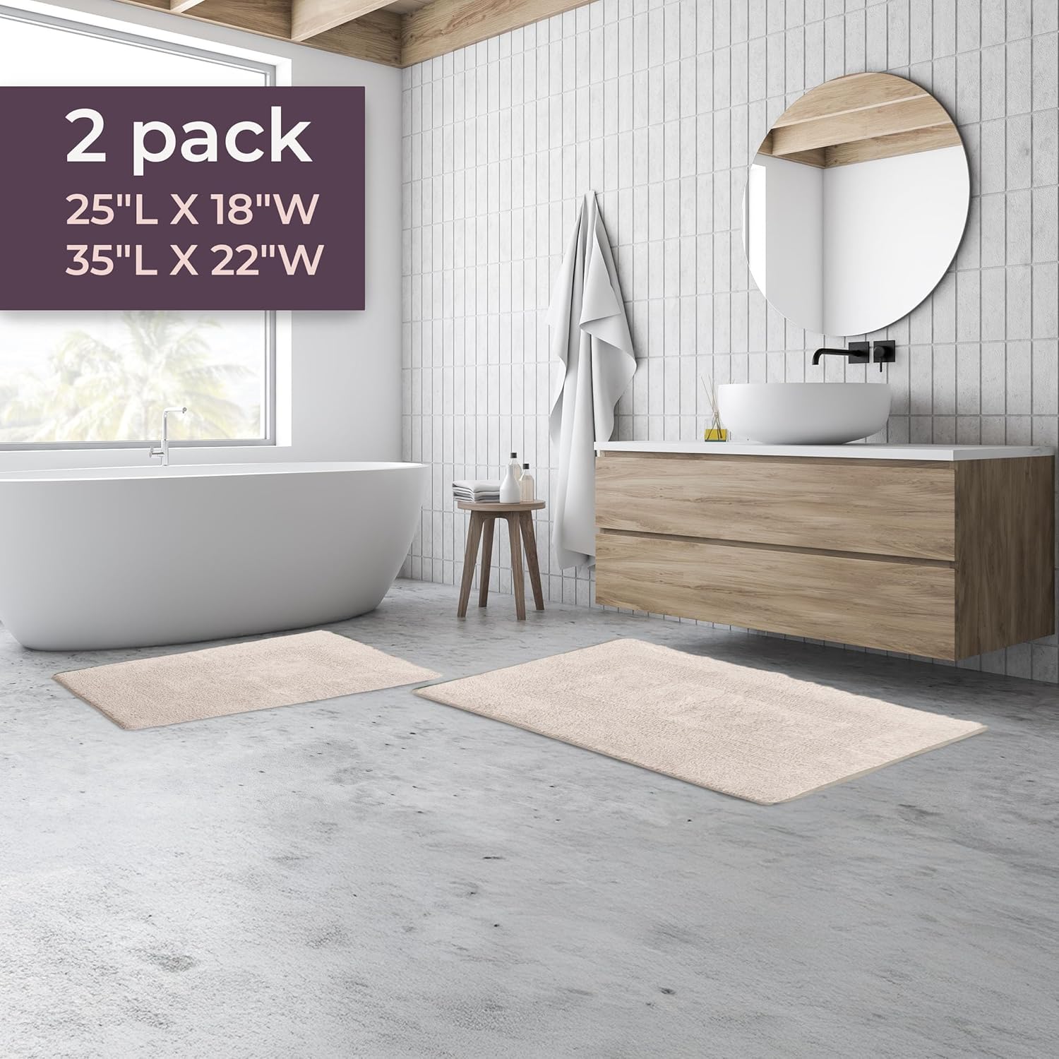 Bathroom Rugs - 2-Piece Cotton Bathroom Mat Set - Machine Washable Bath Mats for Washroom, Kitchen, or Laundry Room by Lavish Home (Ivory)