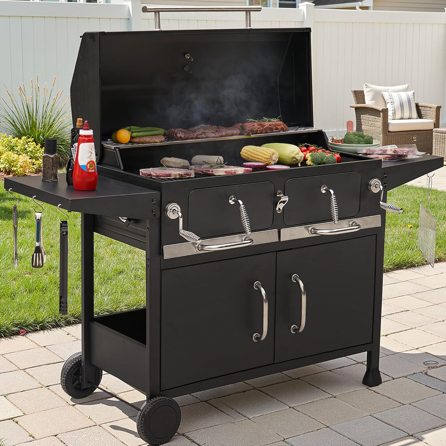 NATURAL EXPRESSIONS Charcoal Grills BBQ grill,36 in Large Smoker Grill with Dual-Zone Lifting Trays,Portable Charcoal Grill with Foldable Side Tables,Large Outdoor Grill for Camping,BBQ,Party,Picnic
