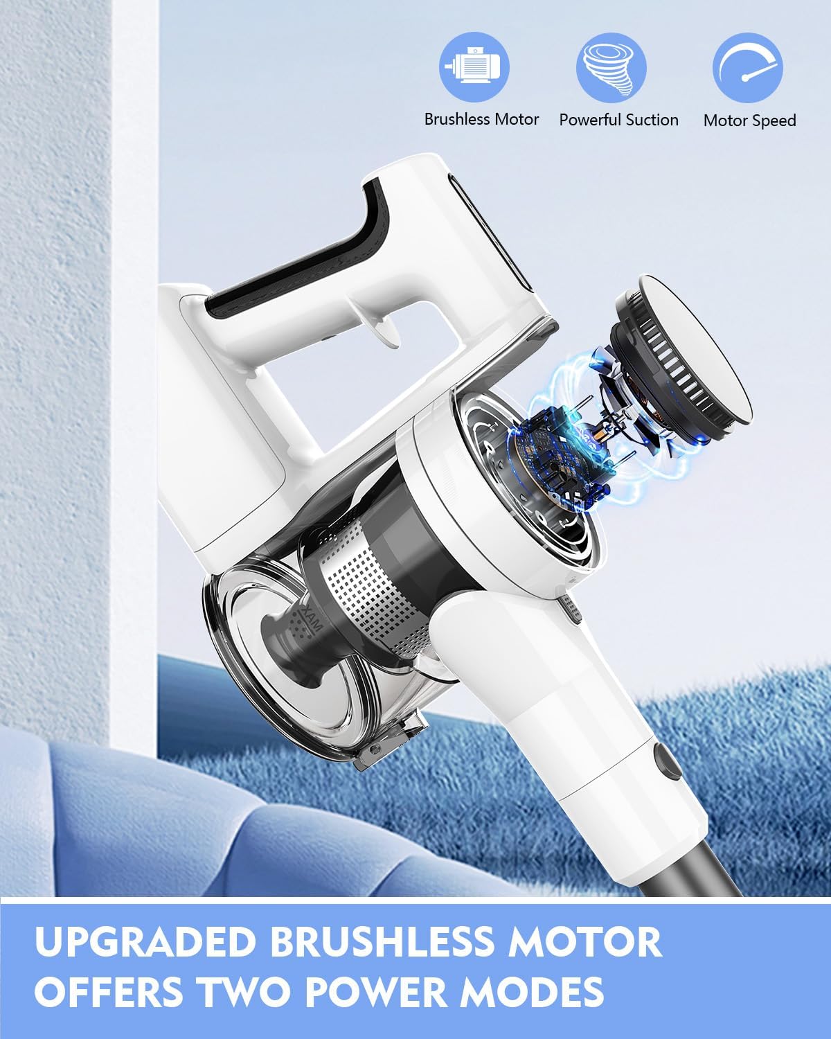 Cordless Vacuums, 80,000PRM Powerful Motor Vacuum Cleaner and 2200mAH Rechargeable Battery up to 35 Mins Worktime, 2 Adjustable Modes, Detachable Parts, Wireless Stick Vacuum (Tea White)