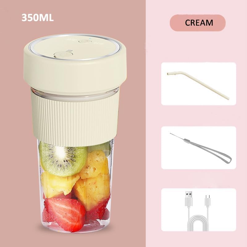 Portable Blender with Straw Mini Juicer Blender Shaker 12 oz USB Rechargable Personal Blender for Shakes and Smoothies Travel Beach Daily Use (Cream), Small