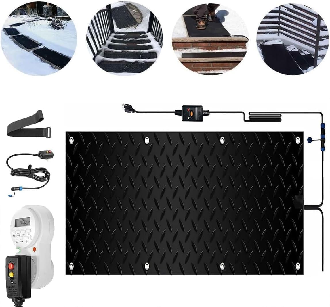 Snow Melting Walkway Mat with Timer, 1/2/3/4/5 Pcs Non Slip Rubber Heated Mat with Power Cord, Snow and Ice Heated Pad for Winter Outdoor Stairs, Steps, Doorways, Walkways, Driveway(1 Pcs,12x3