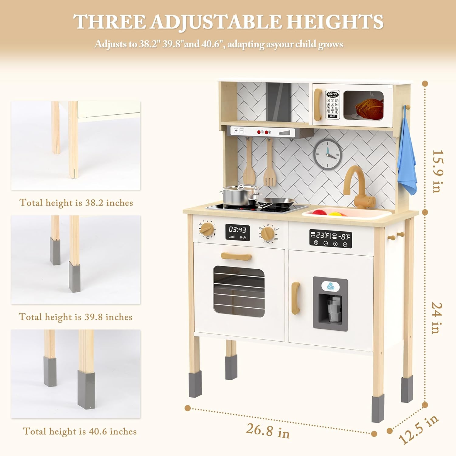 Freniland Wooden Play Kitchen, Kitchen Playset for Kids with Realistic Stove, Range Hood, Oven, Ice Maker, Microwave, Sink, with Light & Sound, 18 Accessories, Pretend Toy Kitchen, Gift for Ages 3+