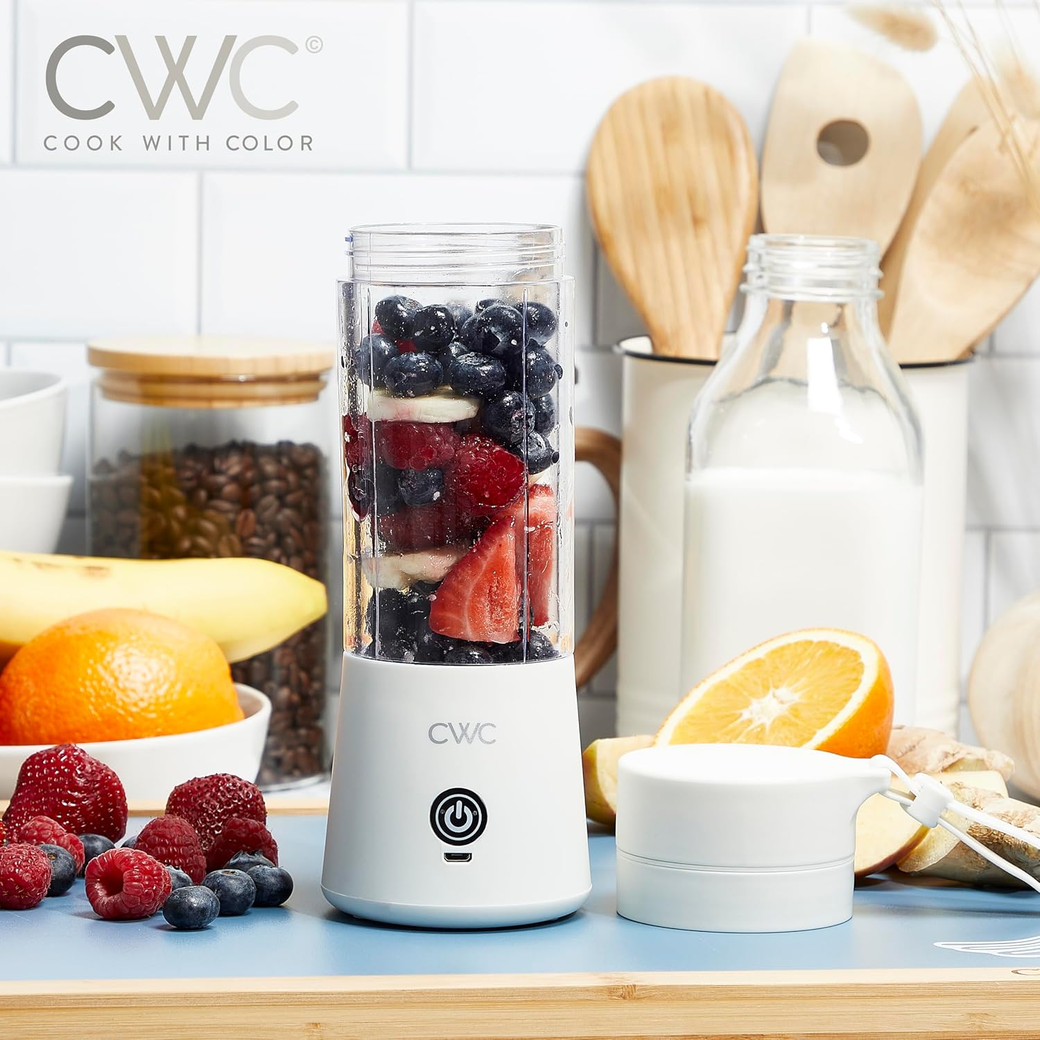 COOK WITH COLOR Mini Portable Blender - 250W Power, 12oz Capacity, Stainless Steel Blade, Wireless/USB Rechargeable, Creme