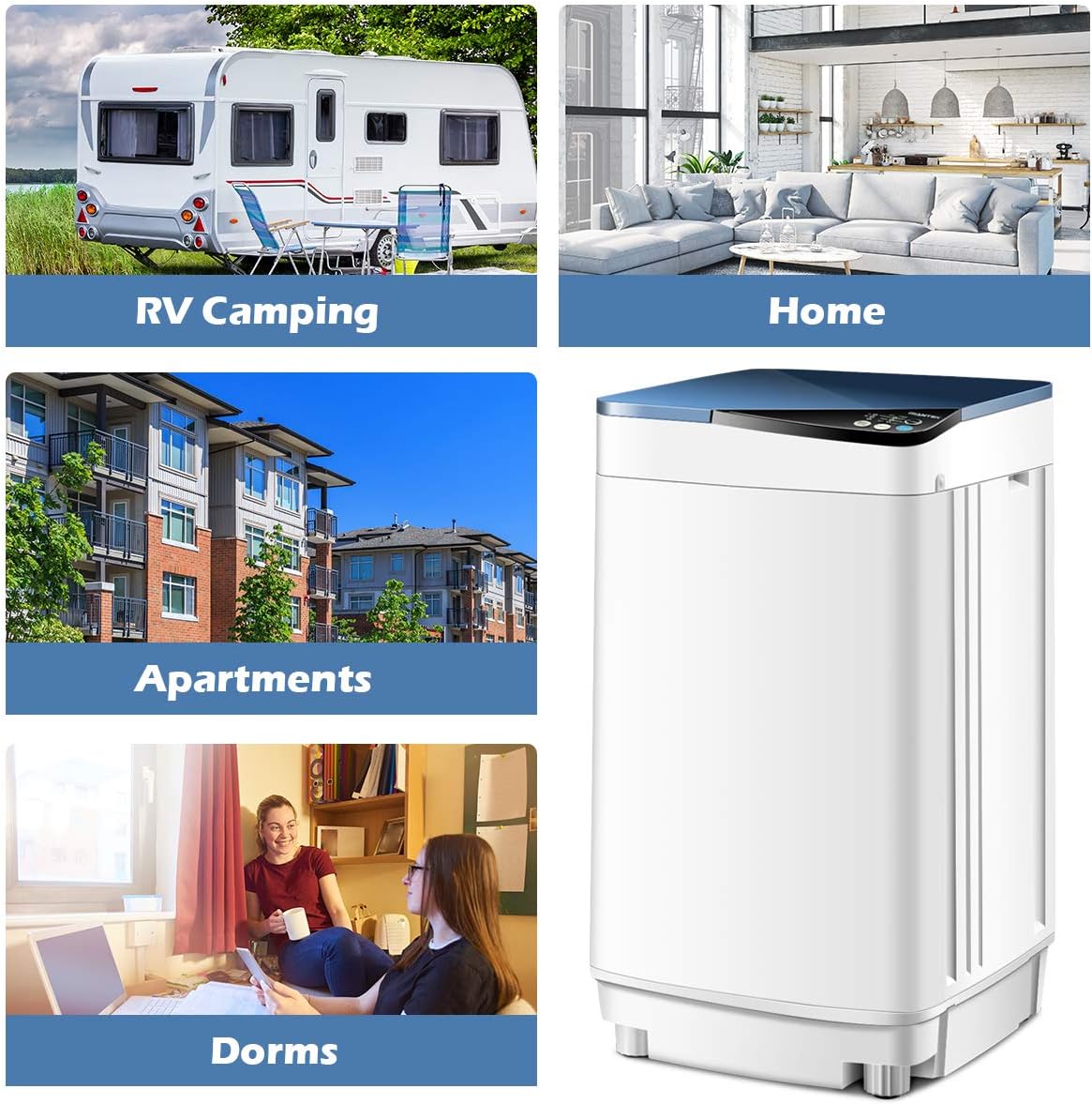 Giantex Full-Automatic Washing Machine Portable Washer and Spin Dryer 7.7 lbs Capacity Compact Laundry Washer with Built-in Barrel Light Drain Pump and Long Hose for Apartments Camping (White & Blue)