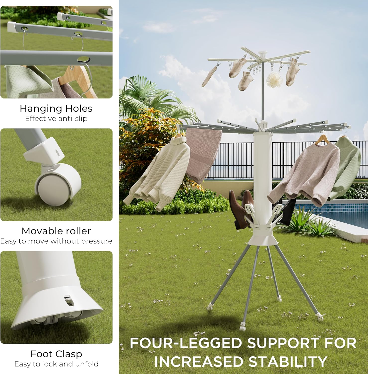 Clothes Drying Rack Foldable, 4-Legged Drying Rack Clothing with 20 Clips, Shoe Dryer Rack, Laundry Drying Racks with 4 Pulleys & Anti-Slip Holes, Portable Hanging Dry Rack for Clothes, Socks, Shoes