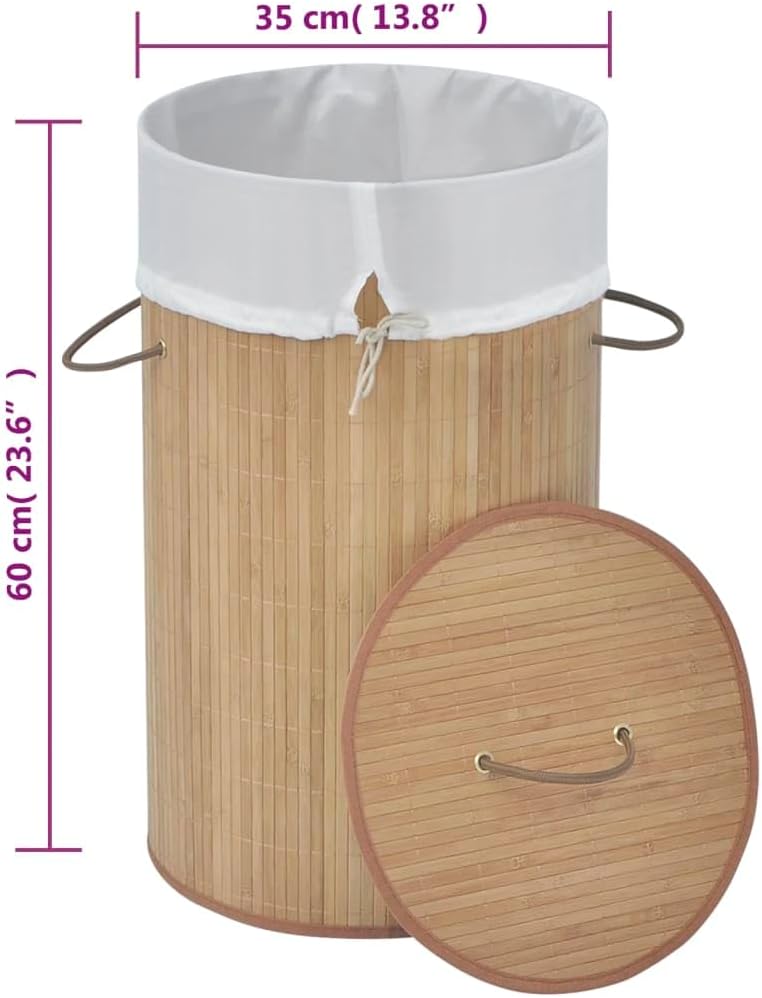 Bamboo Laundry Bin Round Natural with Removable Polyester Liner and Foldable Design for Home Organization and Storage