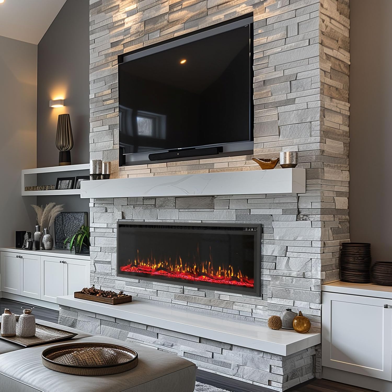 50 Inch Electric Fireplace Aluminum Frame-Ultra Silm Fireplace Recessed/Wall Mount, Log, Driftwood & Crystal Option, Wall Fireplace Electric w/Remote Control, Thermostat, Timer, 750w/1500w