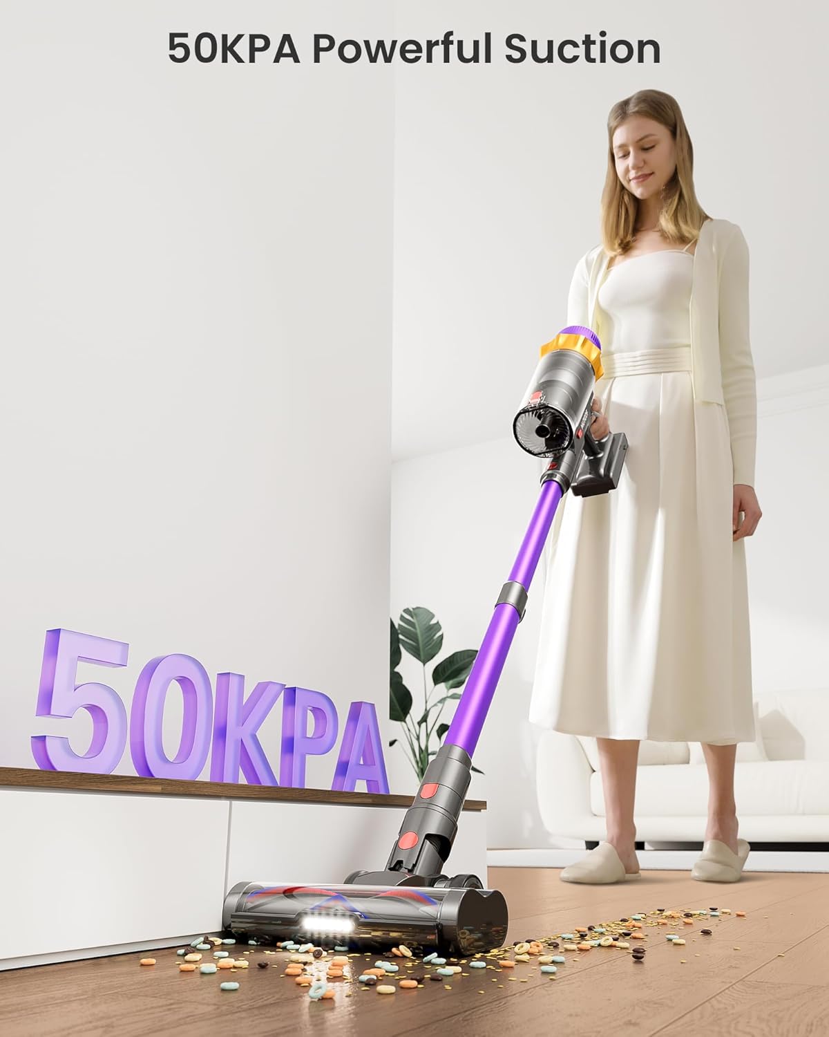 Cordless Vacuum Cleaner, 600W 50KPA 70 Mins Vacuum Cleaners for Home, Self-Standing Cordless Vacuum with Charging Dock Station, LED Display, Upgraded Anti-Tangle Stick Vacuum for Pet Hair/Carpet/Floor