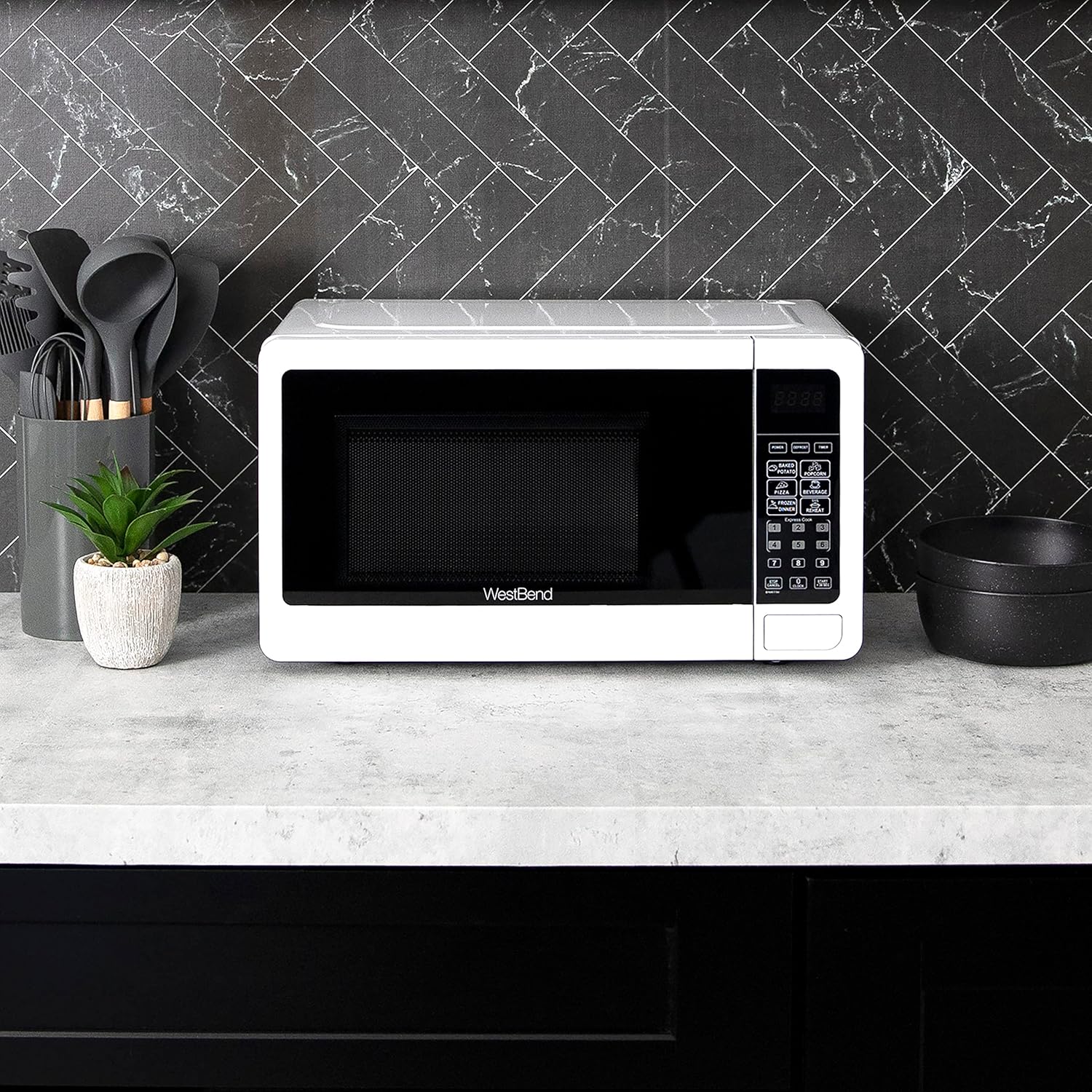 West Bend 0.7 Cu. Ft. Countertop Microwave Oven, 700W with 6 Pre-Programmed Cooking Settings, Speed Defrost, Electronic Control Panel, Rotating Glass Turntable, Add 30 Seconds Button, White
