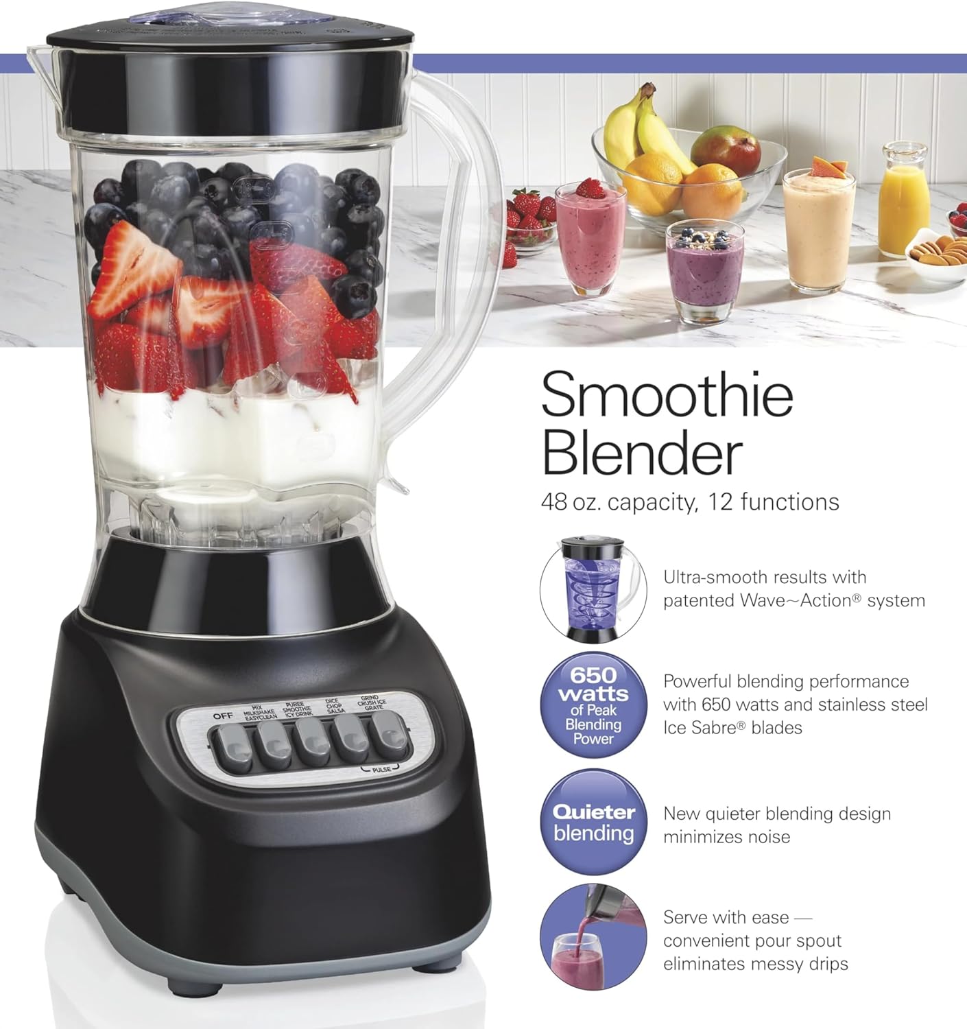 XDONE Smoothie Blender, 48 oz. Jar, 12 Blending Functions, Black