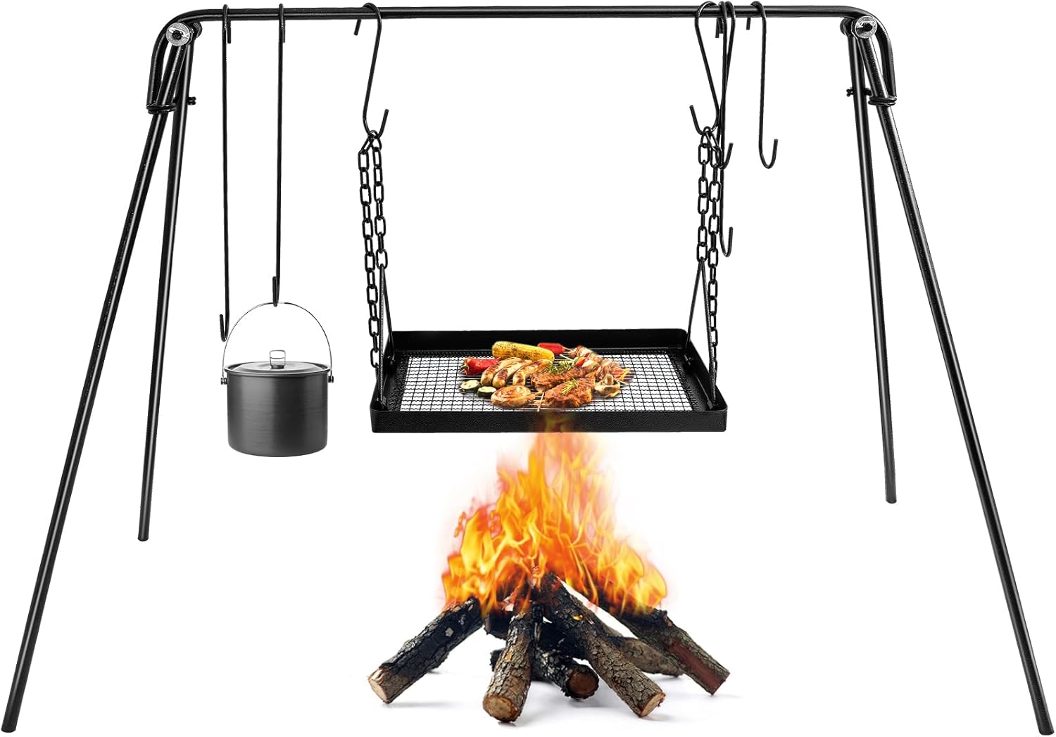 Campfire Swing Cooking Grill Stand, Portable Hanging Cooking Rack with Collapsible Legs Adjustable Grill Grate and Hooks for Outdoor BBQ Picnic Cookware Party