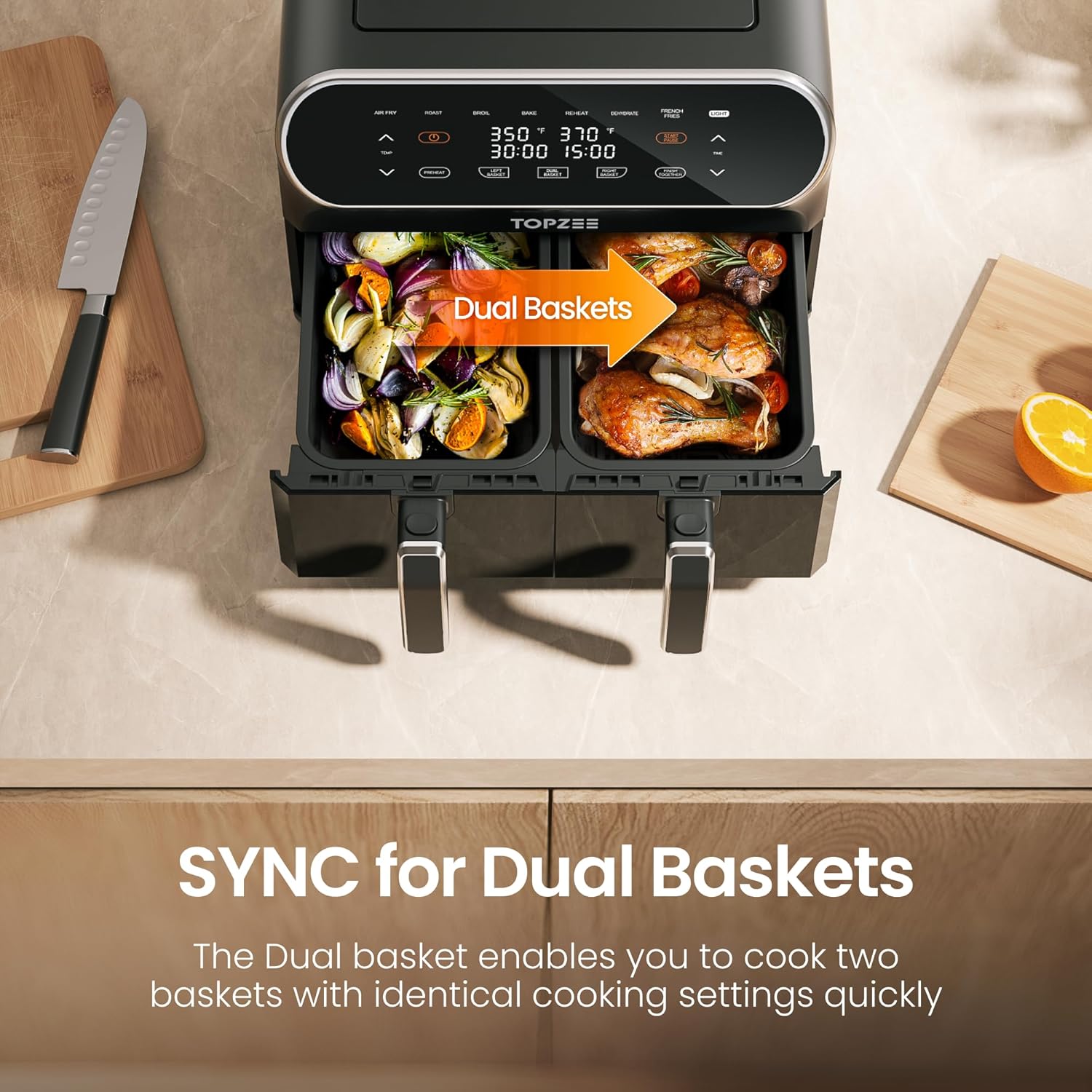 Topzee 8QT Dual Basket Air Fryer – Large 8-Quart Air Fryer with Independent Temperature Control, 8 Preset Functions, Match & Finish Together Mode, Clear Viewing Windows, Black