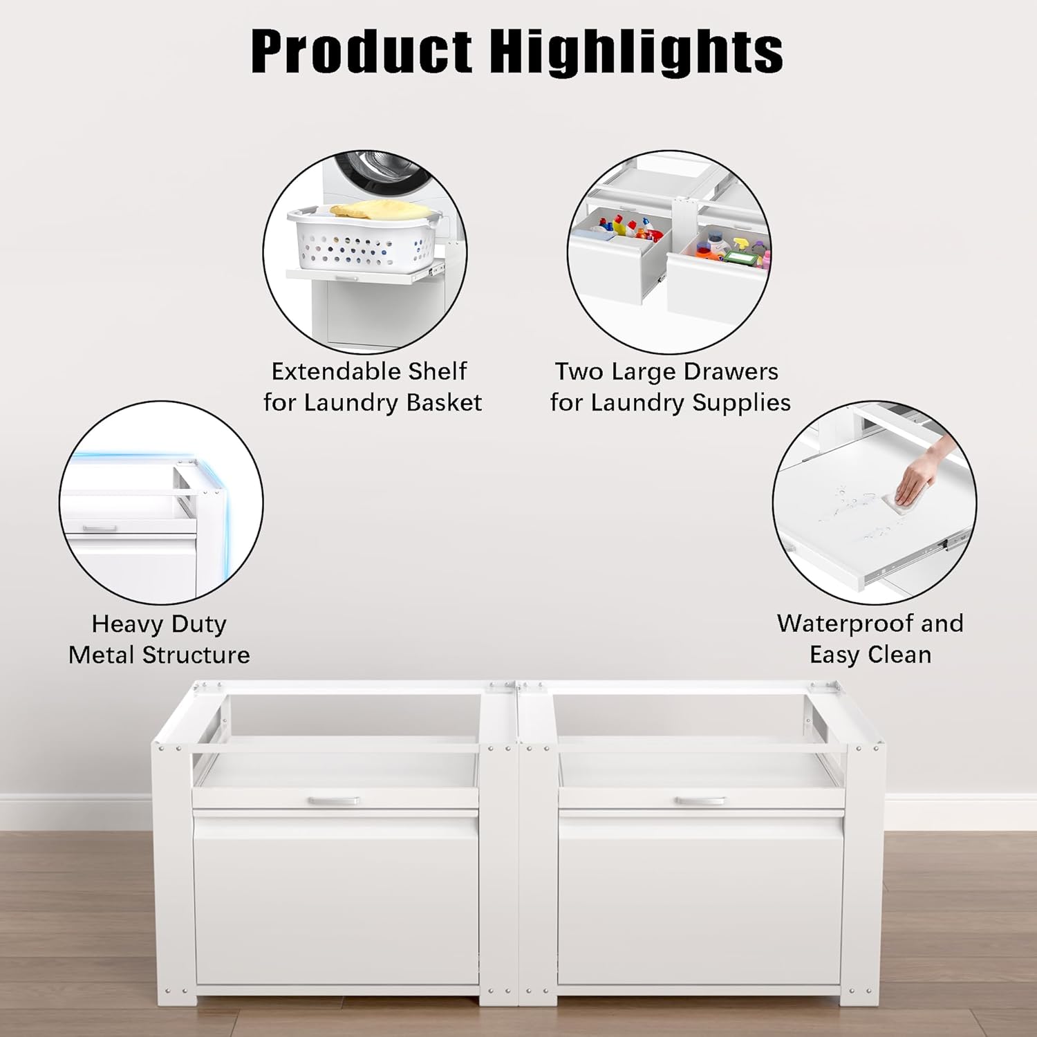 Washer and Dryer Pedestals, Laundry Pedestal Universal Fit Washing Machine Stand with Drawer Storage and Lundry Basket Shelf, 800LBS Capacity,White