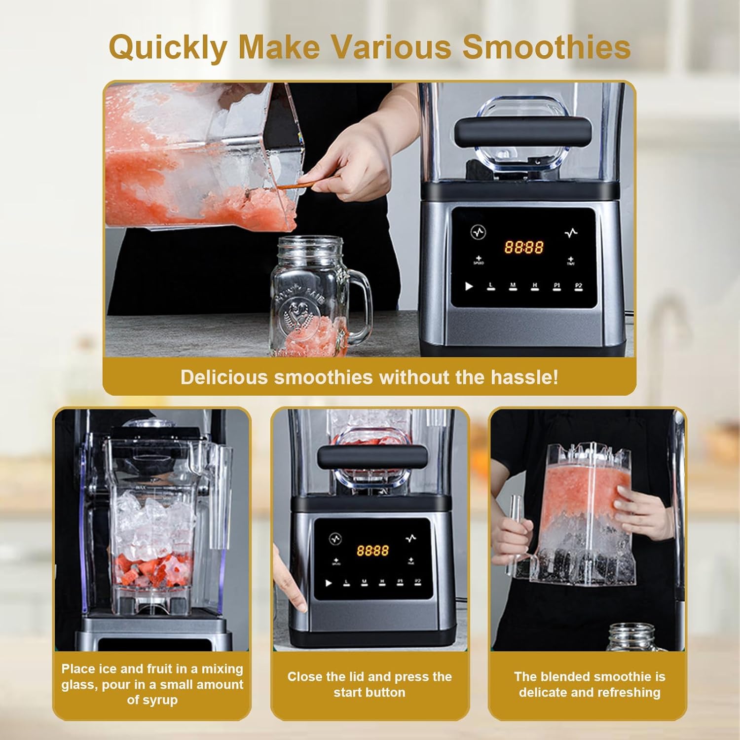 2200W Electric Kitchen Blender With Push Bar, 9 Speed Settings & Pulse Function, Stand Smoothie Mixer, Digital Display+1.6L Jug, For Smoothies, Meal Prep & Commercial Snacks