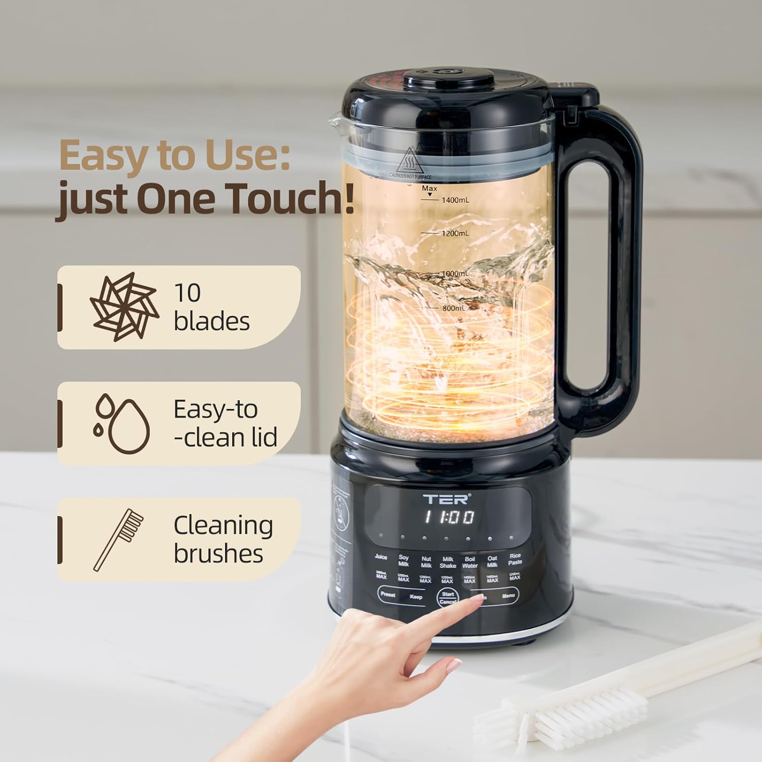 50OZ Nut Milk Maker Machine, TER 10-in-1 Soy Milk Maker for Almond/Oat/Soy Milk, Juice, Milkshake, Rice Paste, Auto Clean/24H Preset Time/12H Keep Warm, with 7 Accessories, Black