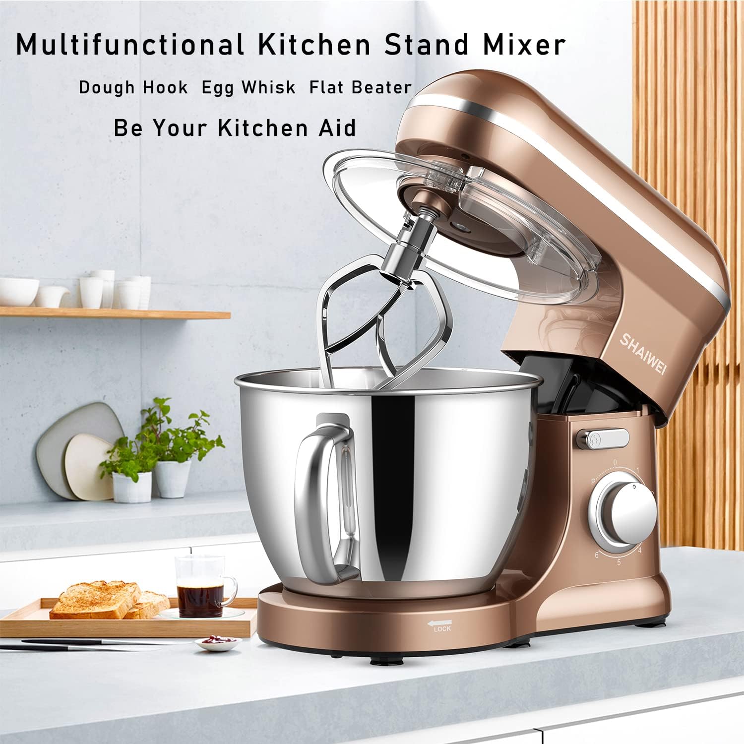 Kitchen Stand Mixer, 6.5 Quart, 6 Speed Tilt-Head Kitchen Mixer, Electric Food Mixer with Dough Hook, Wire Whip, Beater, Gold