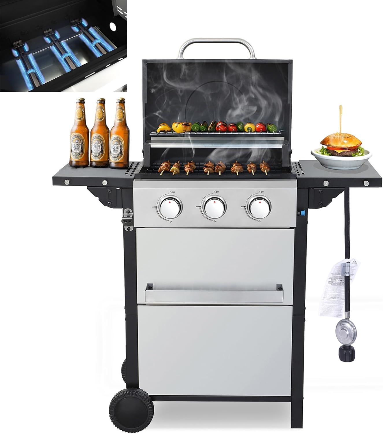 3 Burner Small Propane Gas Grill with Porcelain-Enameled Grates & Thermometer, Stainless Steel 25650 Btu Small Gas Grills Outdoor, Barbecue Grill Propane with Folding Side Tables & Wheels
