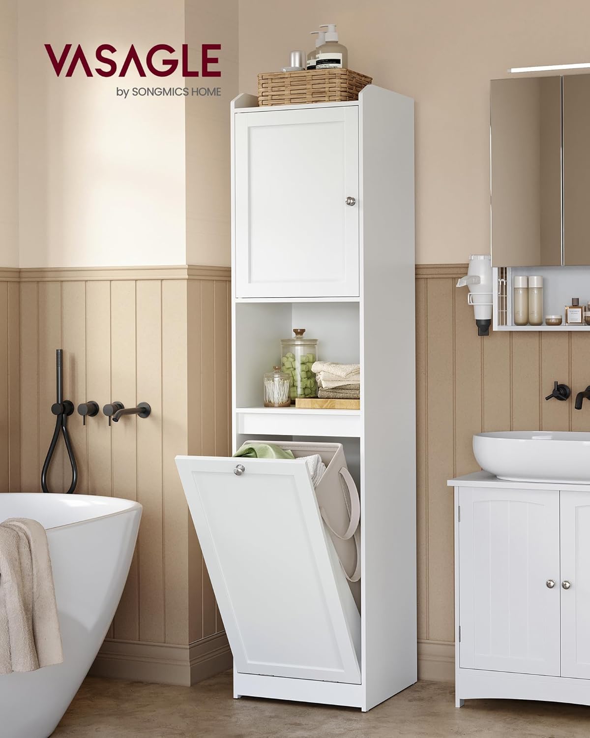 VASAGLE Tall Storage Cabinet, Storage Unit with Removable Laundry Basket, Compartment and Cabinet, for Bathroom, Living Room, 15.8 x 15.8 x 66.9 Inches, Cloud White UBBC761W01