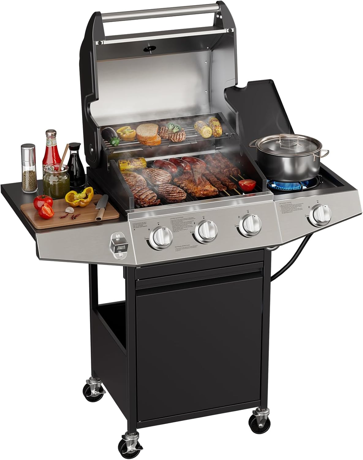 3 Burner Gas Grill with Side Burner,Stainless Steel Propane Grill Outdoor BBQ Grill with Oil Tray and Built-in Thermometer for Outdoor Barbecue, Camping, Patio, Backyard, 39,000 BTU