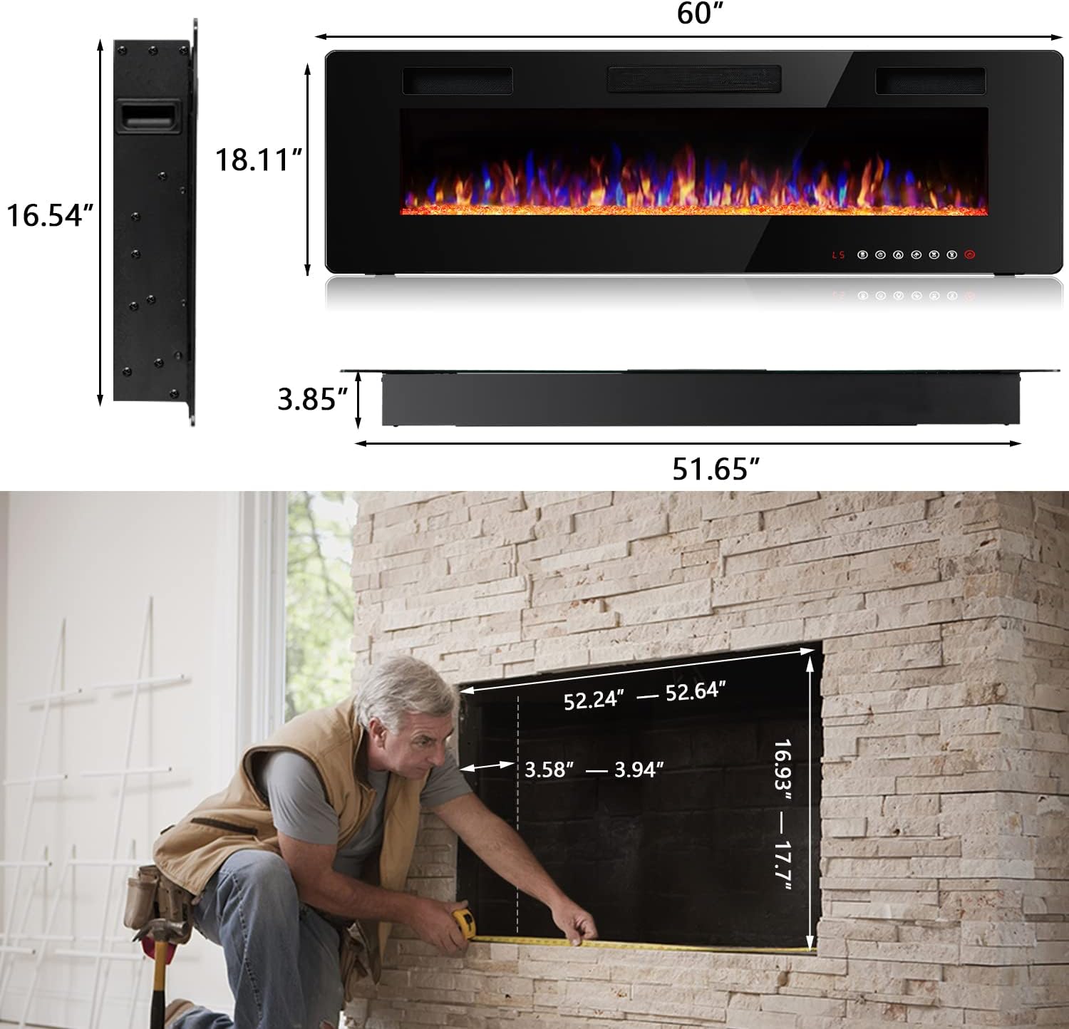 Vitesse 60 Inch Ultra Thin Electric Fireplace-Narrow Bezel Linear Fireplace Heater Recessed Wall Mounted, Remote and Screen Control, 8H Sleep Timer, Low Noise, 750/1500W for Living Room, Bedroom