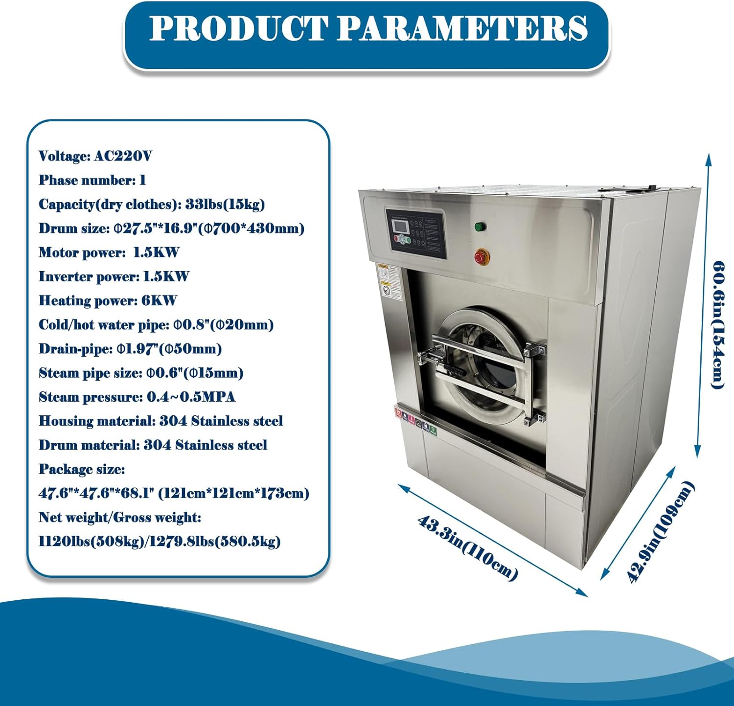 33LBS Commercial Washing Machine Industrial Washer & Spinner with 6KW Heater, Stainless Steel Drum, Auto Laundry Equipment for Hotel/Hospital/Car Detailing 220V 1PH