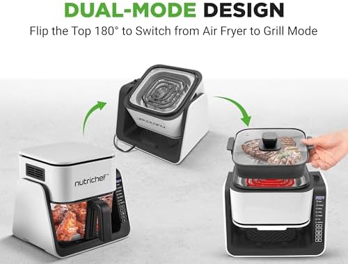 NutriChef 4 QT Air Fryer & Grill | 8-1 Preset Cook Modes | Transparent Fry Bowl for Best Cooking Results | Cook Shrimp, Steak, Fries, Wings & More | 4 QT Glass Air Fryer & 1.2 QT Grill | White