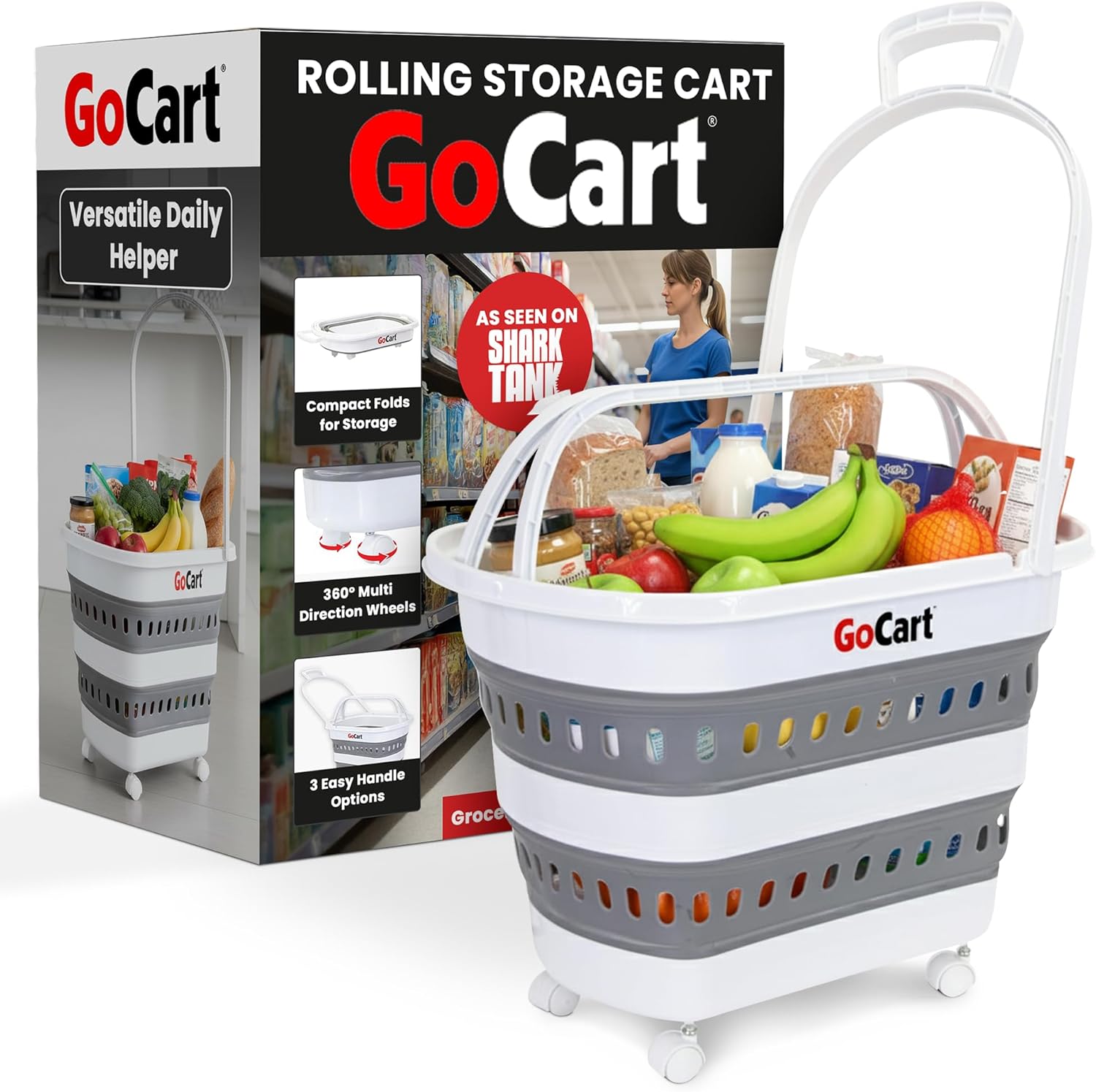 dbest Products Folding Gocart Laundry Basket with Wheels, Multi Use Collapsible Grocery Shopping Cart, White