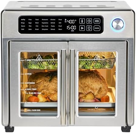 Emeril Lagasse Extra Large French Door Air Fryer Toaster Oven Combo, 24 Cooking Functions and Digital Controls, 7 Accessories Included, Stainless Steel Finish, 26QT Capacity