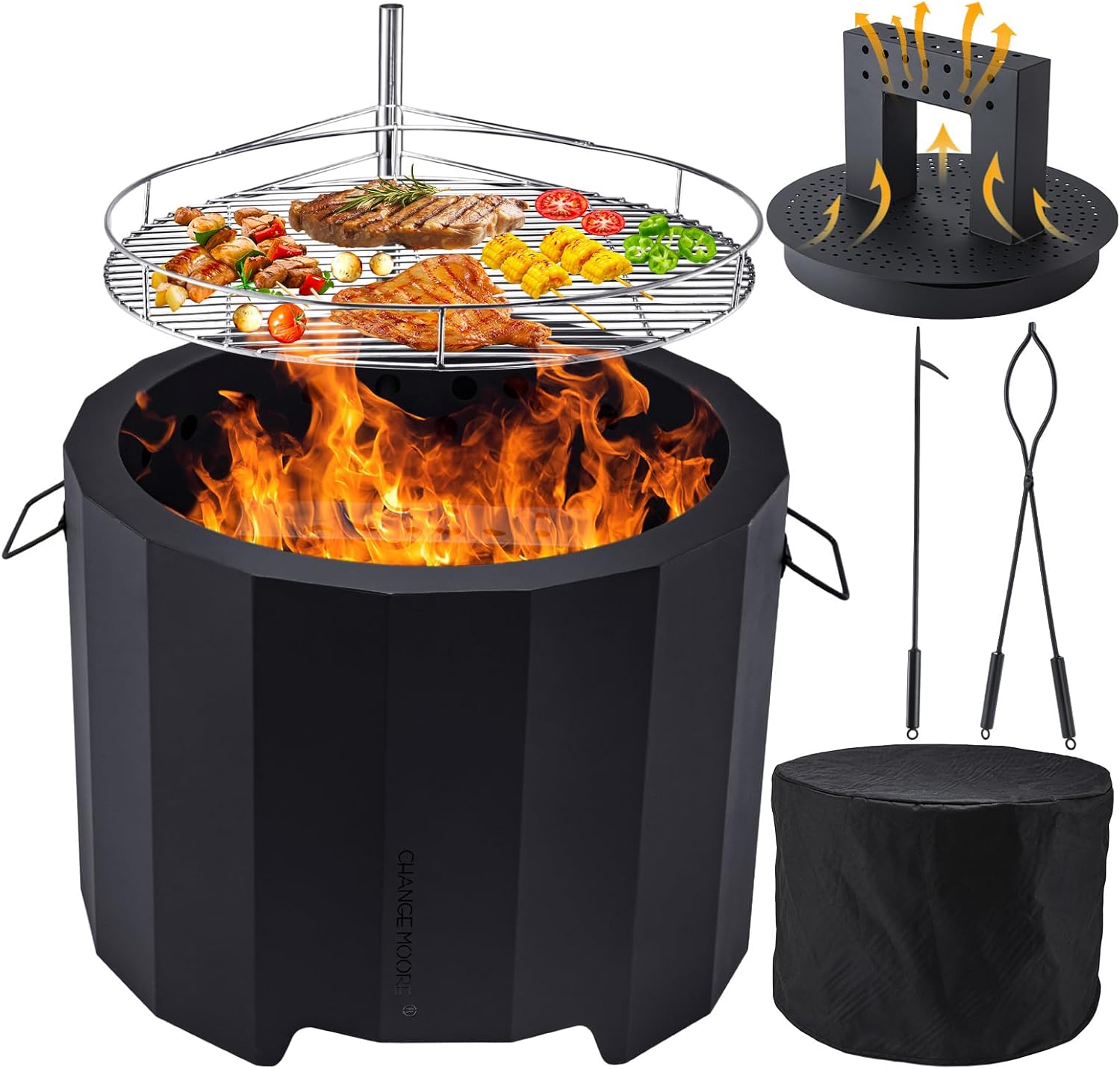 CHANGE MOORE Smokeless Fire Pit for BBQ, 19.6” Triple Burn Outdoor Firepit with Removable Ash Pan BBQ Grill Cover Fire Poker Set Side Handles, Fireplace Bonfire for Outside Backyard Garden Patio