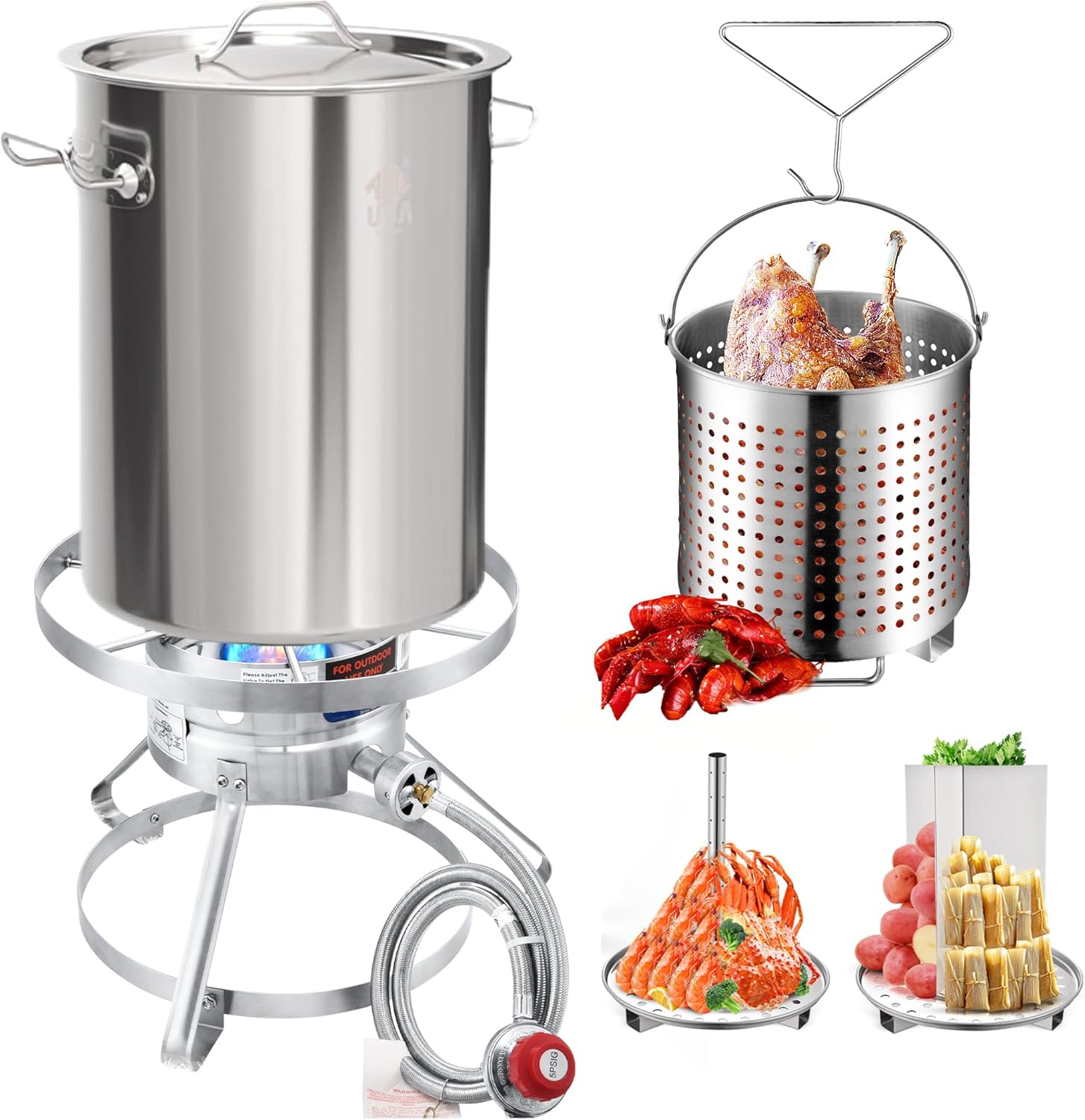 ARC 40QT Turkey Fryer Pot With Basket and Burner 37,000 BTU Outdoor Stainless steel Seafood Boil Crawfish Boil Crab Boil Pot and Burner Kit Propane Burner for Outdoor Cooking