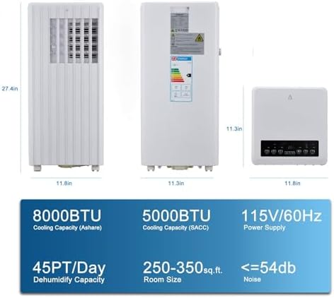 Portable Air Conditioner,8,000 BTU Cools Rooms Up to 350 Sq.Ft. 3 Modes, Remote Control, Easy Installation Kit Included,White