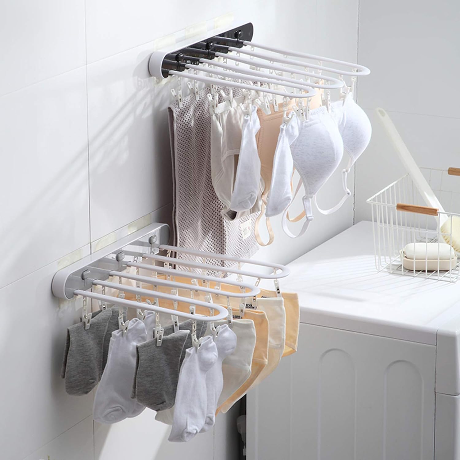 Laundry Rack, Multifunction Wall-Mounted Airer, Home Drying Rack Socks with Multiple Clips Fold Balcony Bathroom Inner Clothes Hanger Artifact