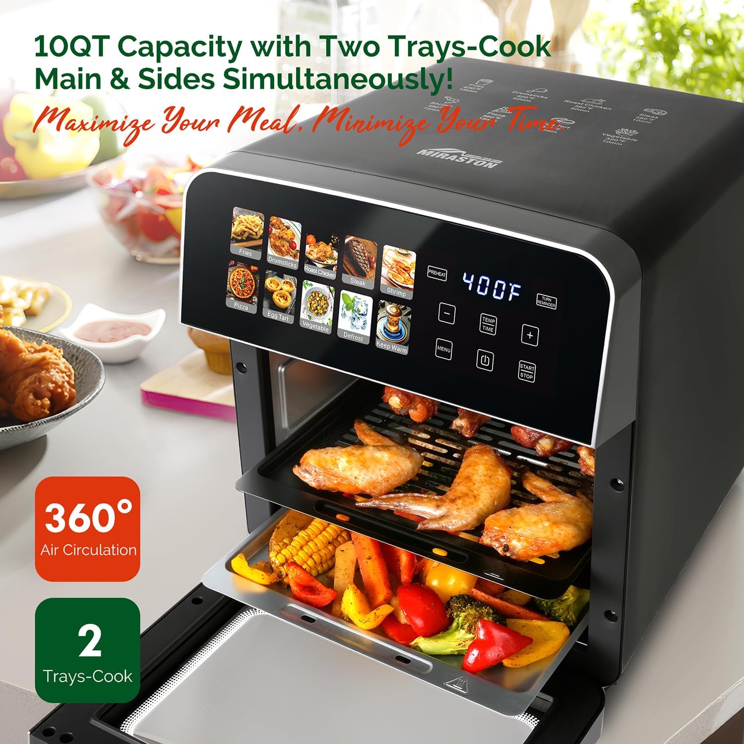 10QT Air Fryer Toaster Oven Combo with 10 Presets, Family Size Compact Oven for Roasting Whole Chicken/Double Cooking, Stainless Steel Interior, Easy Clean, Includes 2 Accessories & Recipe