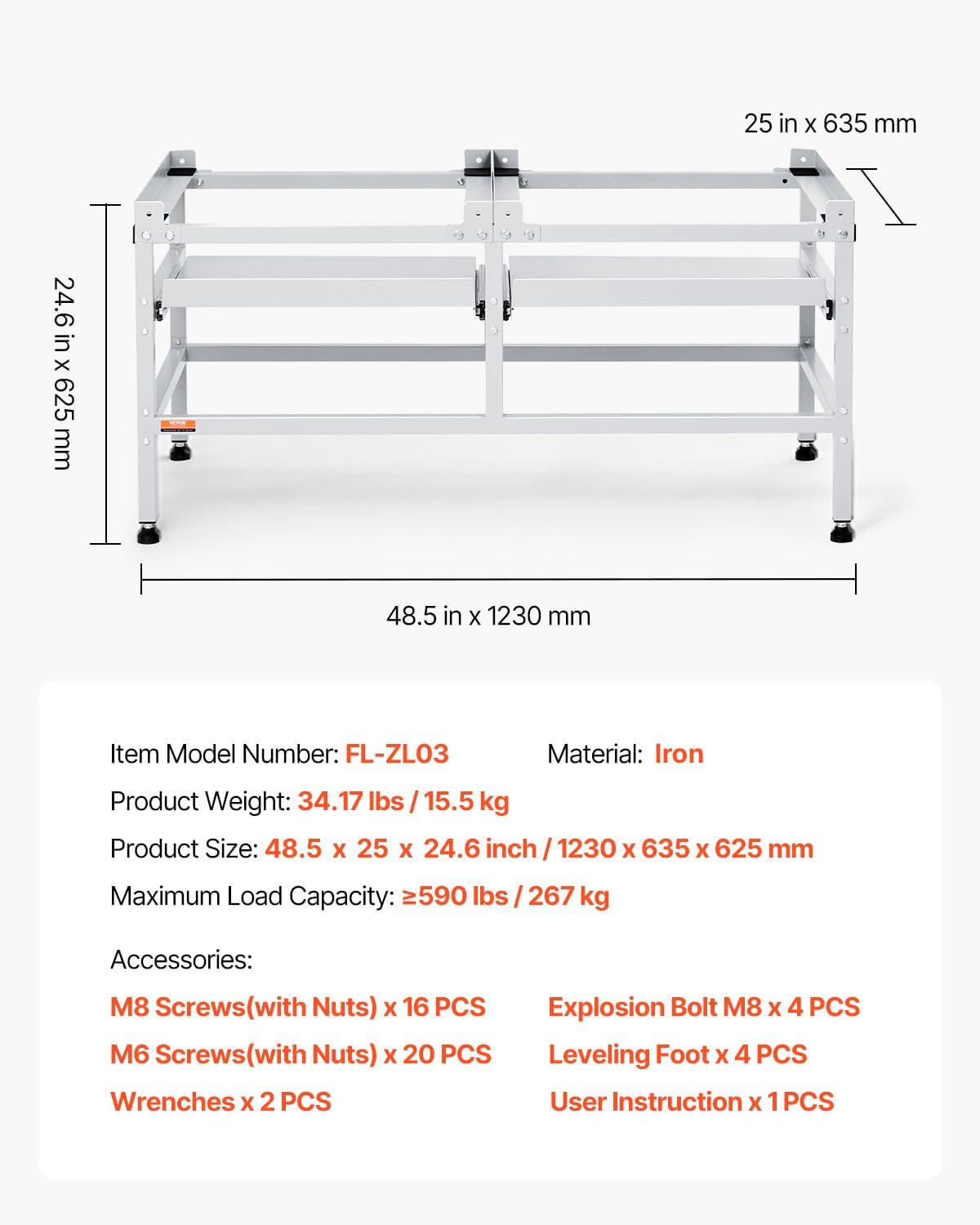 VEVOR Washing Machine Stand, 48.5x25-Inch Washer Laundry Pedestal, 590LBS Load Capacity Washer And Dryer Pedestal Base with Double Trays, 4 Adjustable Feet for Lifting Washing Machines, Carbon Steel