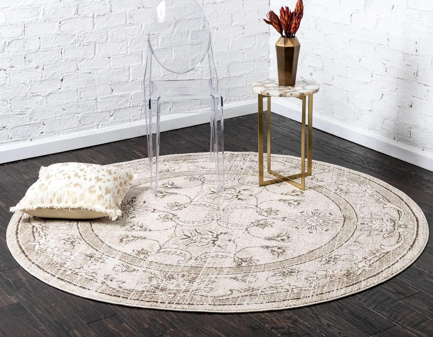 Unique Loom La Jolla Collection Botanical, Contemporary, Traditional, Rustic, Border Area Rug (12' 2 x 12' 2 Round, Ivory/Brown)