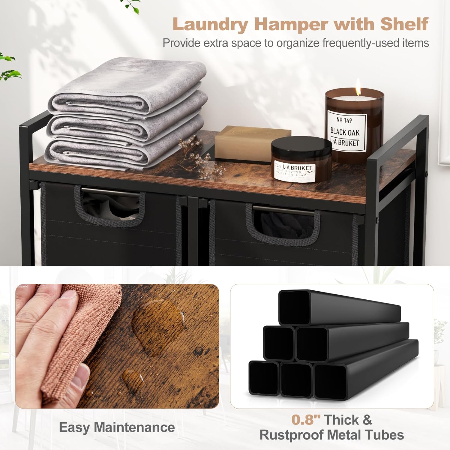 Giantex Laundry Hamper with Shelf, Laundry Basket Organizer with 3 Pull-Out Removable Bags, Top Storage Shelf, Metal Frame, Laundry Sorter 3 Section for Laundry Room Bathroom, Rustic Brown & Black