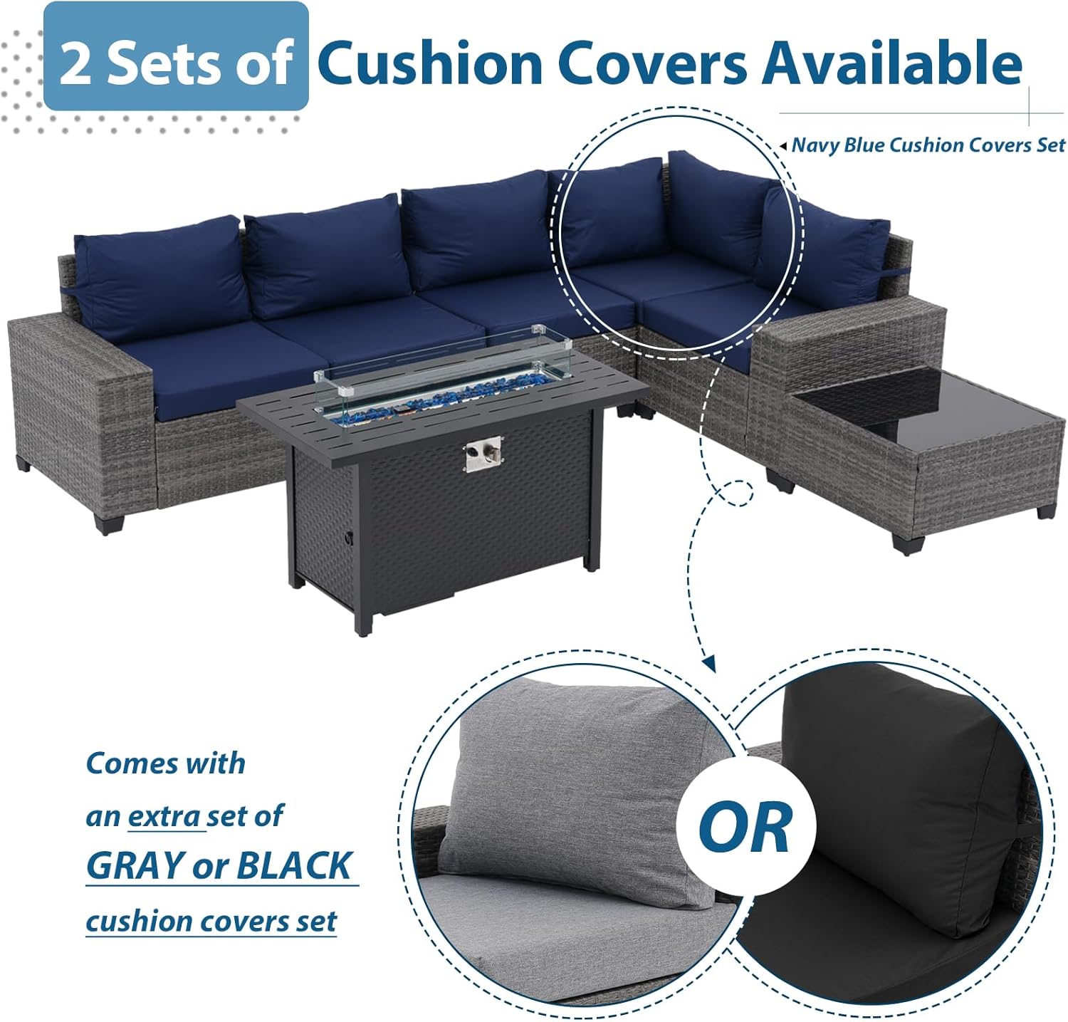 JOIVI 7 Pieces Outdoor Patio Furniture Set with 45” 50000BTU Fire Pit Table, Rattan Patio Conversation Set with Coffee Table, L-Shaped Sectional Sofa and Propane Fire Pit Set, Navy Blue