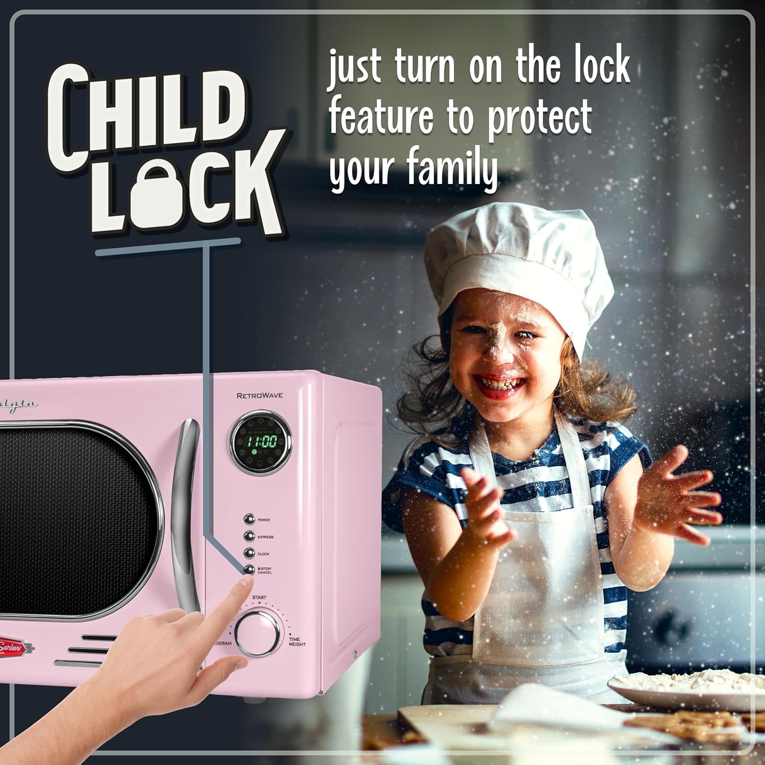 Nostalgia Retro Countertop Microwave Oven - 1.1 Cu Ft & 1000 Watt Power- Easy to Clean with Removable Glass Turntable - Child Safety Lock - 12 Programs - Digital Clock - Pink