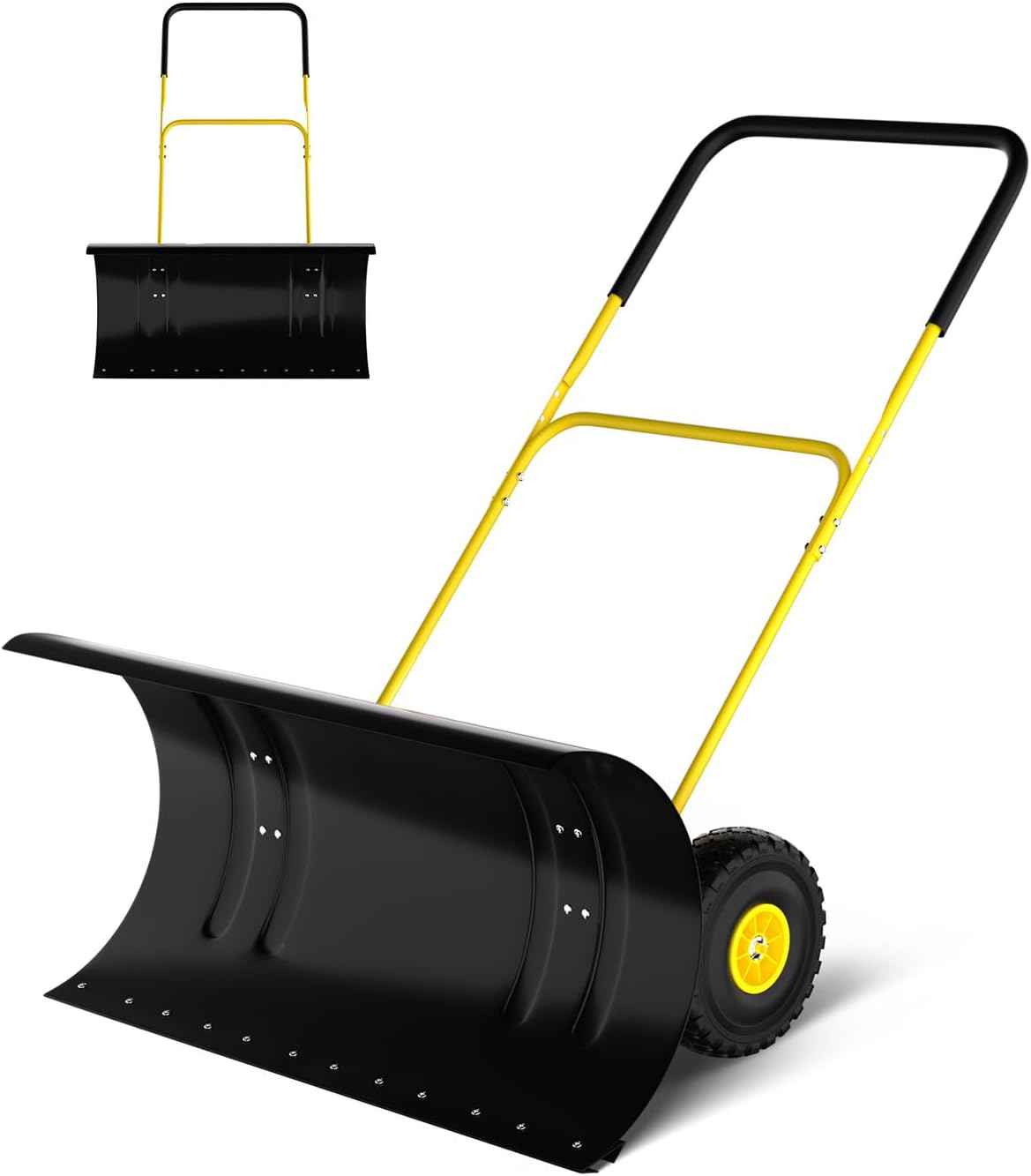 29” Wide Snow Pusher with Wheels for Driveway, Heavy-Duty Steel Blade, Adjustable Handle & 60° Tilt, Effortless Snow Removal with Surface Protection
