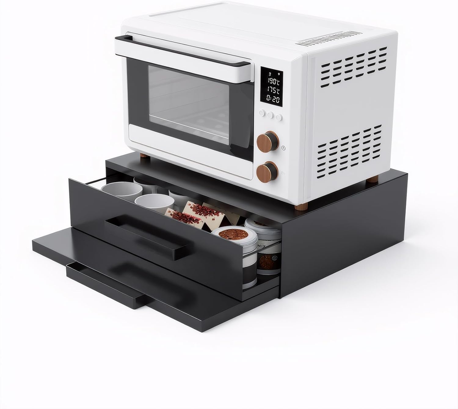 Steel Microwave Stand with Pull-Out Drawers & Shelves | Countertop Organizer for Compact Microwaves, Coffee Station & Kitchen Appliance Storage (Black+Drawer+Shelf)