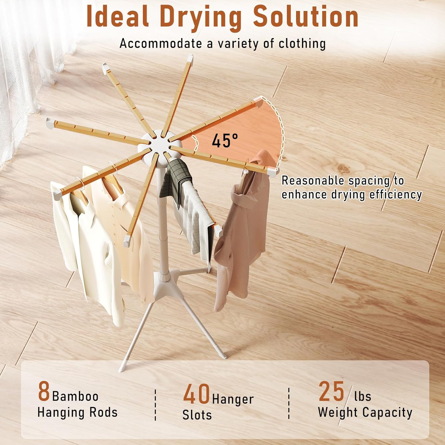 Giantex 4 Legs Clothes Drying Rack, Foldable Laundry Drying Rack with 8 Bamboo Hanging Rods, 40 Hanger Slots and Heavy-Duty Metal Frame, Collapsible Space-Saving Octopus Airer for Indoor Use