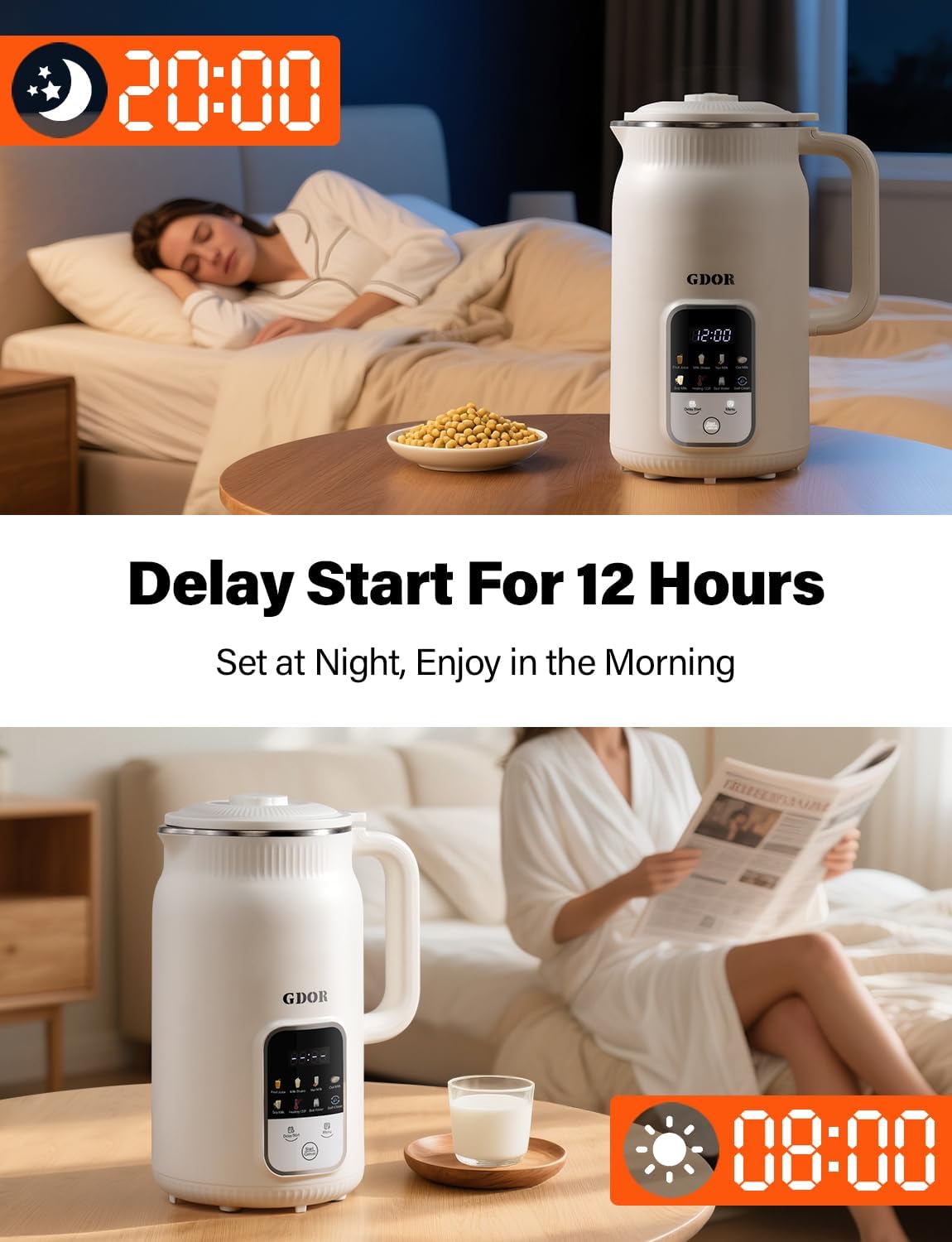 GDOR 35oz Nut Milk Maker, 9-in-1 Plant Milk Machine for Homemade Almond/Oat/Soy, Juice & Smoothie, Blender with 12 Stainless Steel Blades, Keep Warm, 12H Delay, Boil Water and Self-Cleaning