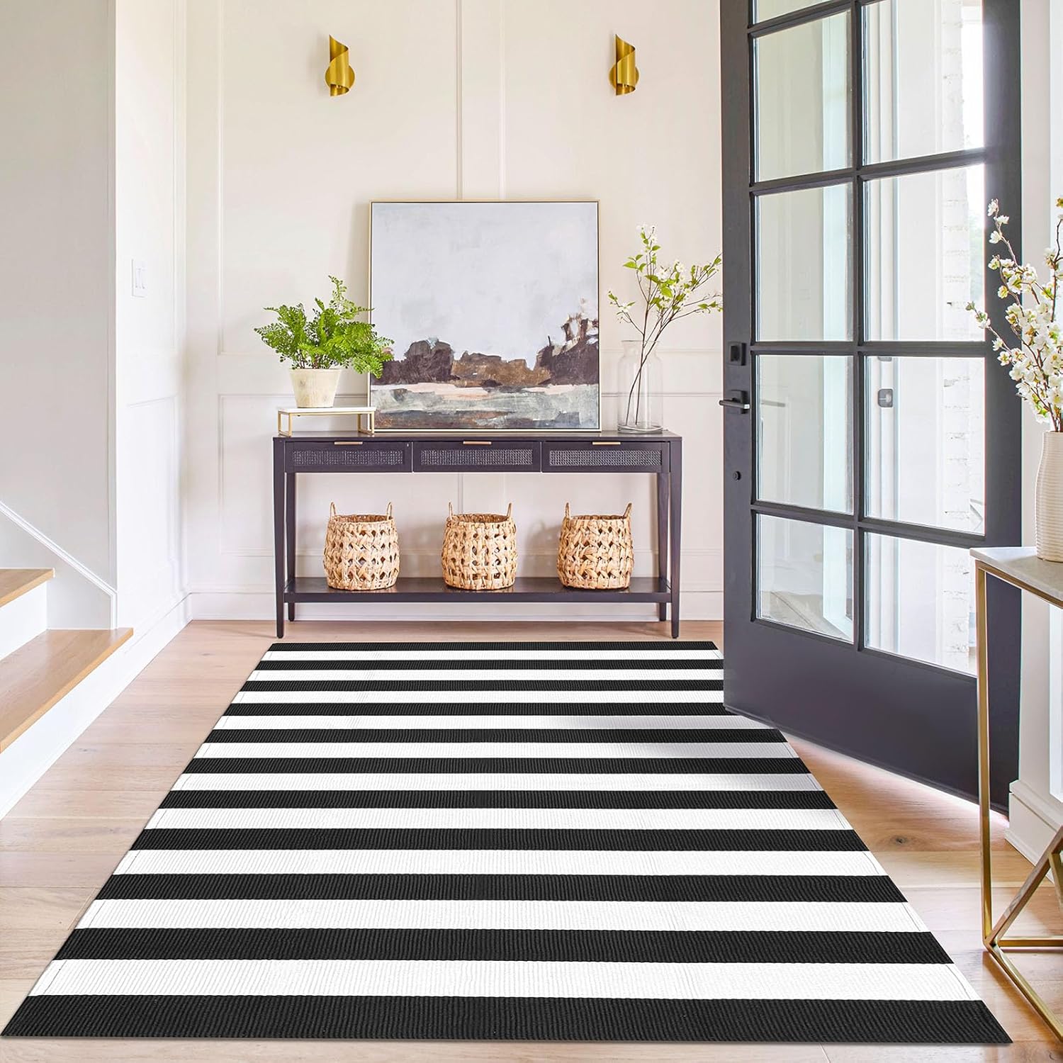KILOCOCO Black White Striped Rug 5x7 Area Rugs for Living Room Cotton Machine Washable Front Porch Layered Rugs for Patio Farmhouse Bedroom Kitchen Laundry Room