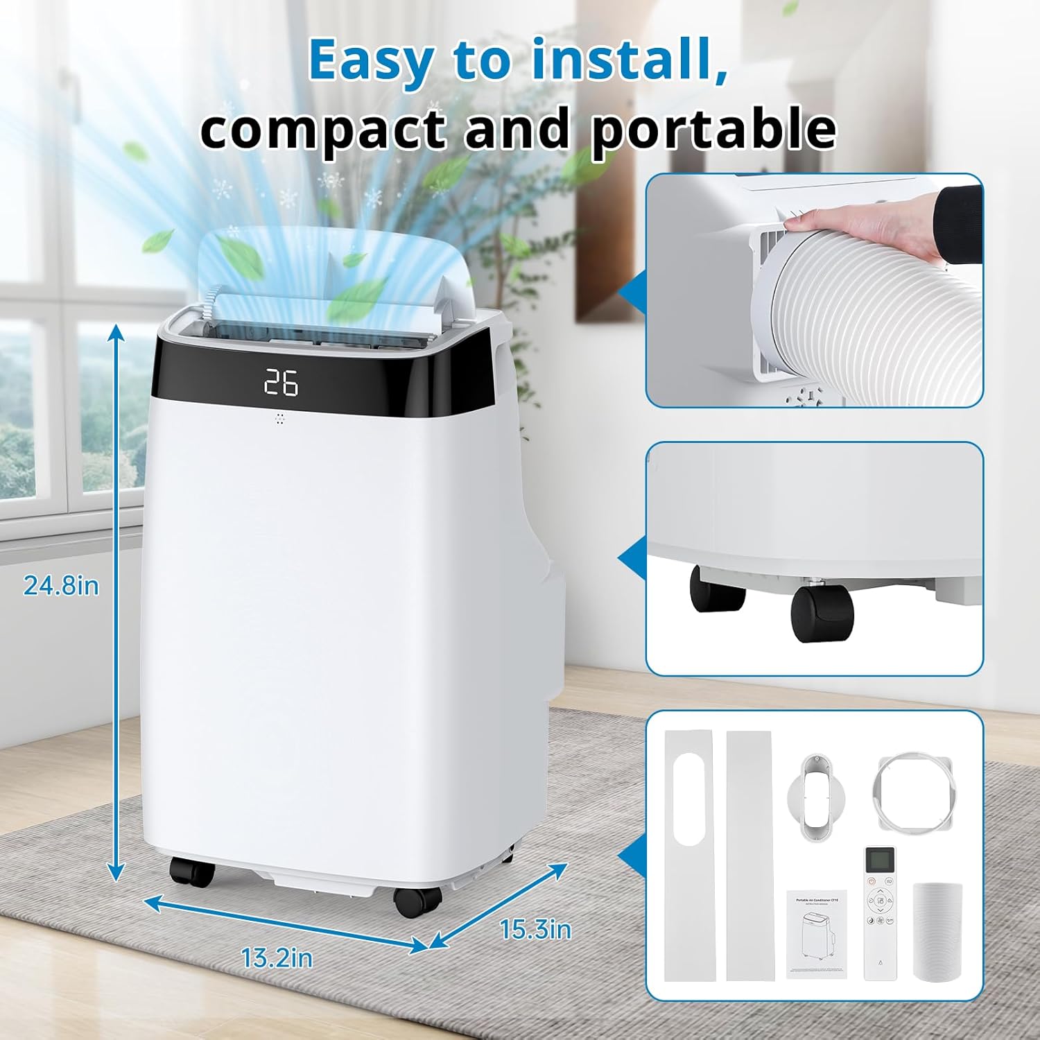 10000Btu Portable Air Conditioner with Remote Control,Quiet AC Unit with Cool, Dehumidifier & Fan Mode Room Cooling Up to 450 sq ft,24 Hour Timer, Window Installation Kit for Home, White