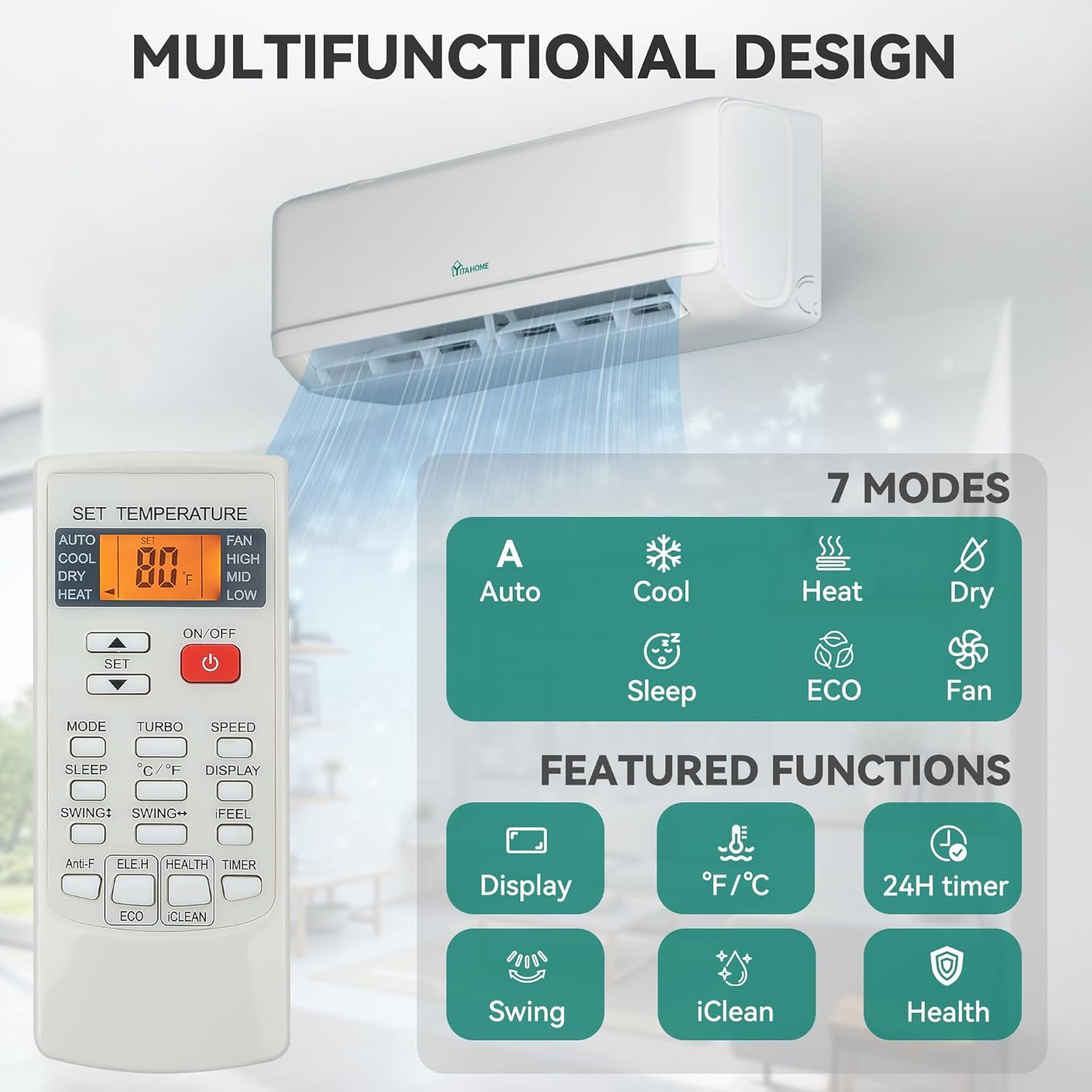 YITAHOME 24000 BTU Mini Split Air Conditioner Heat Pump System, 21 SEER2 208-230V Ductless Inverter System with Wi-Fi & Alexa Compatibility, Cover Up to 1500 Sq. Ft, Complete Installation Kit Included