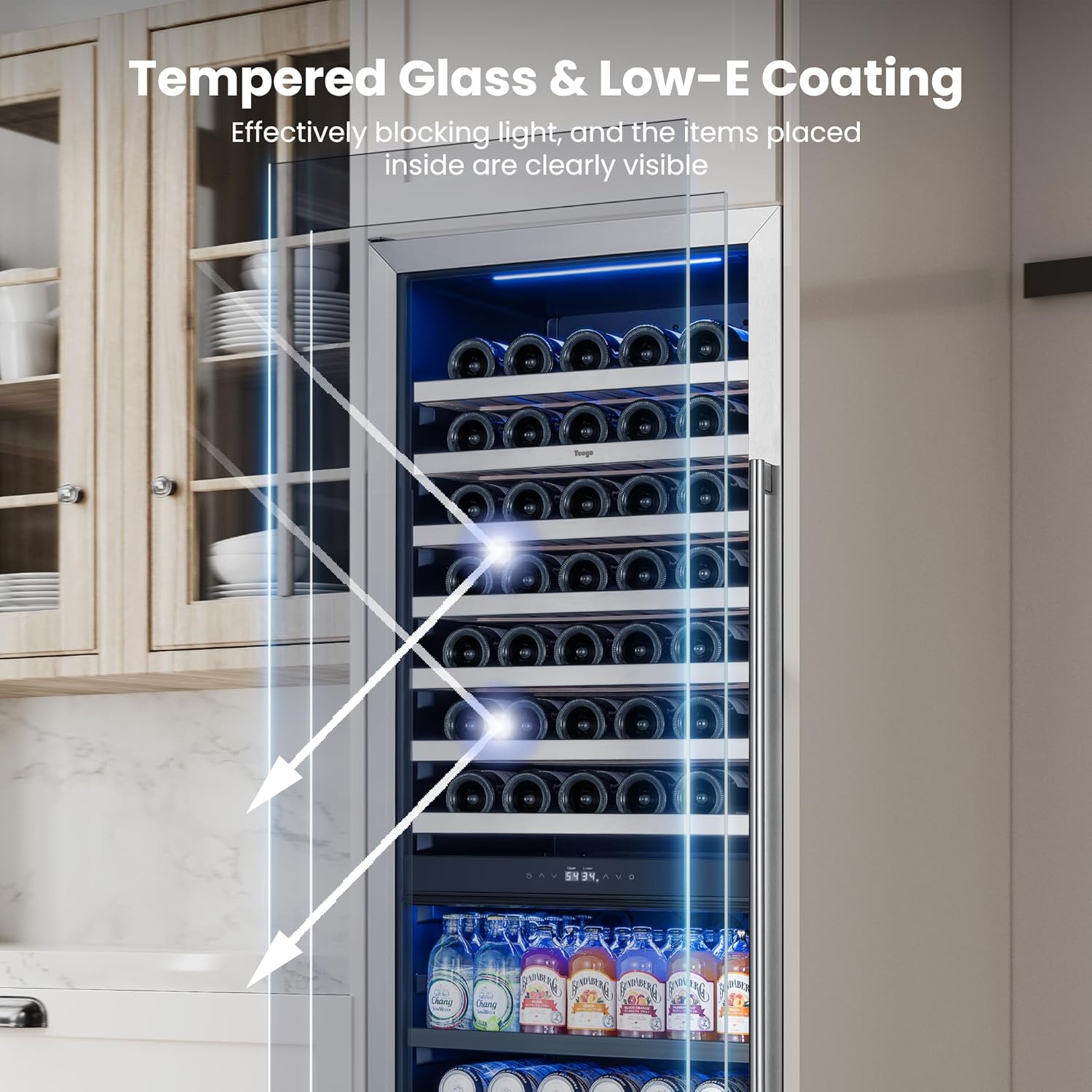 Yeego Wine Fridge – 24 Inch Wine and Beverage Cooler 34°F-65°F, 304 Stainless Steel Glass Door Lock, Temp Memory Blue & White LED Built-in Fridge Left-hand Opening with Drawer (182 Can+77 Bottle)